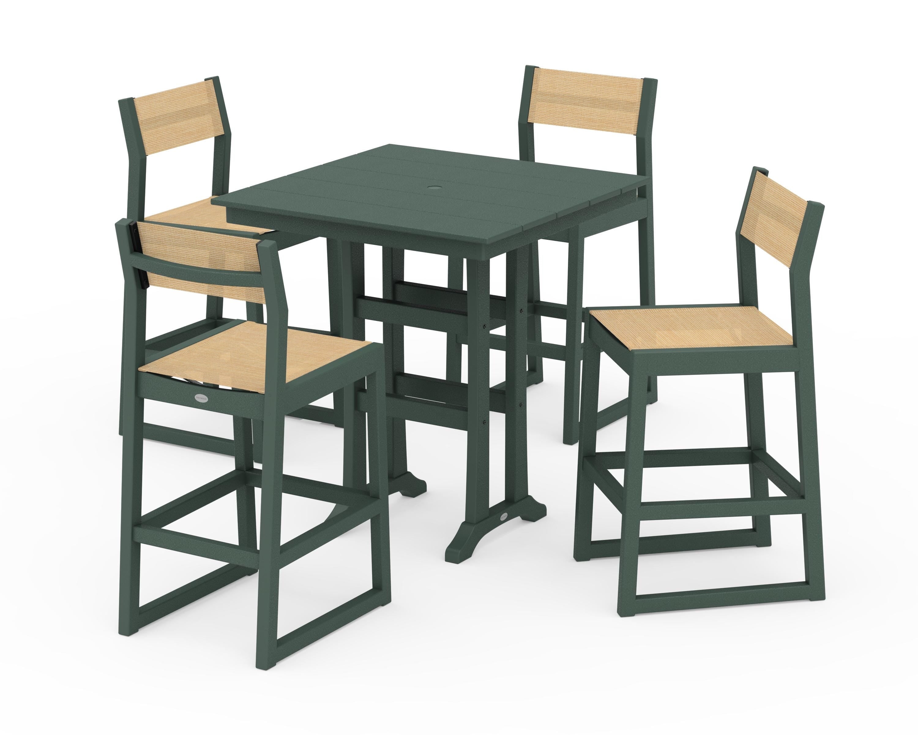 POLYWOOD EDGE Sling Arm Chair 5-Piece Farmhouse Bar Set with Trestle Legs in Green / Dupioni Apricot Sling