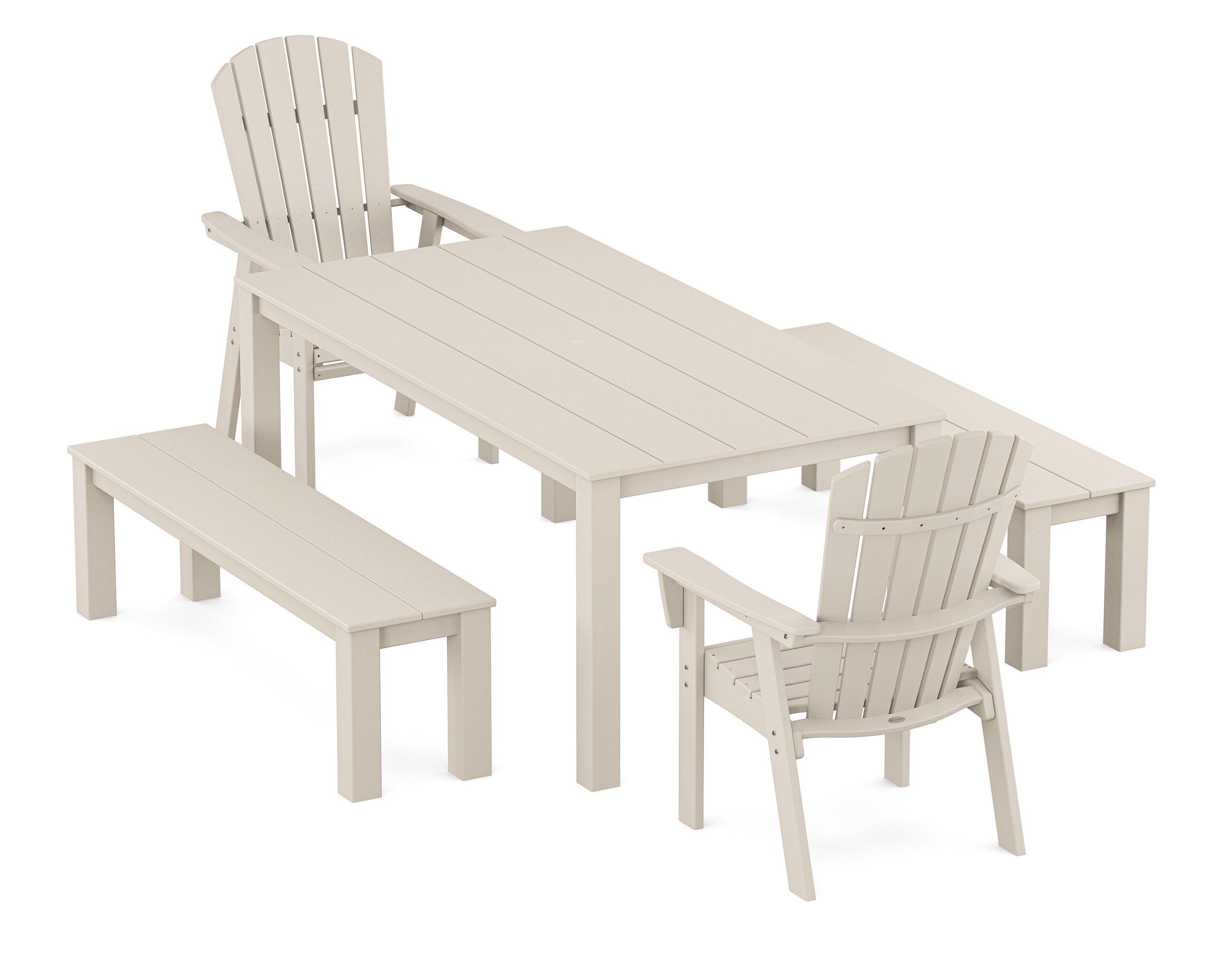 POLYWOOD Nautical Curveback Adirondack 5-Piece Parsons Dining Set with Benches in Sand