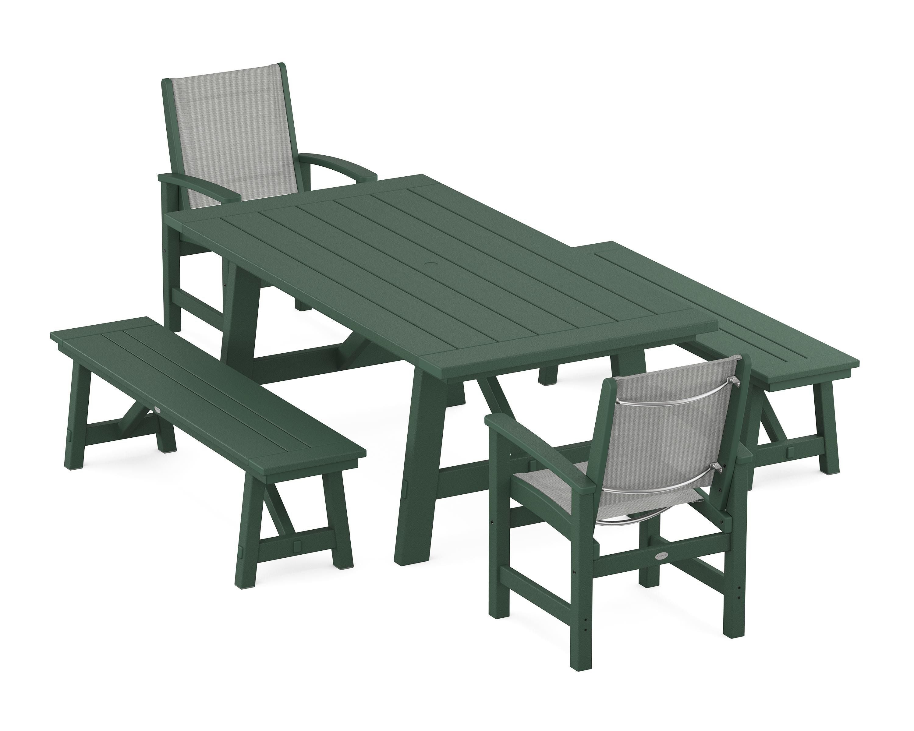 POLYWOOD Coastal 5-Piece Rustic Farmhouse Dining Set With Benches in Green / Metallic Sling