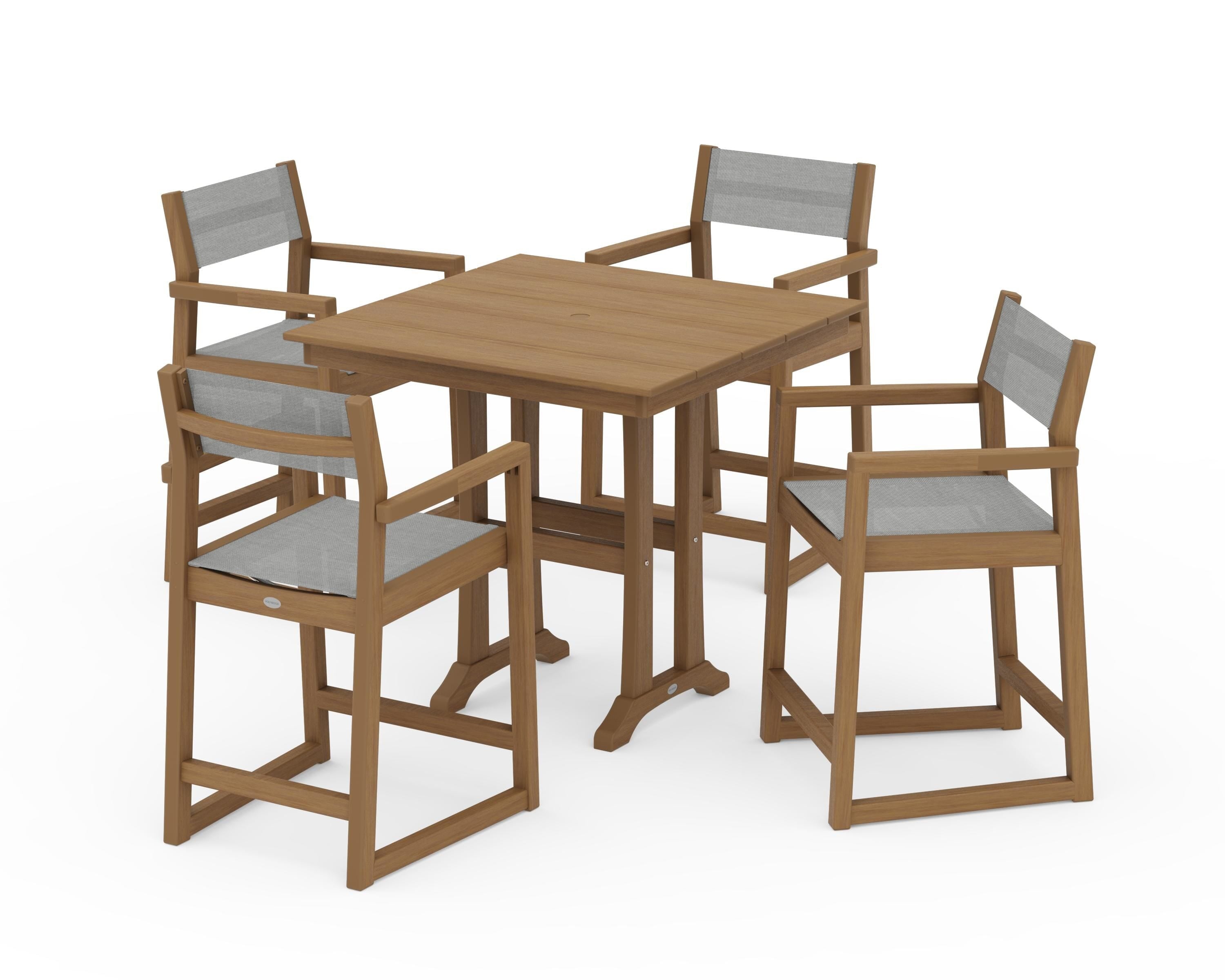 POLYWOOD EDGE Sling Arm Chair 5-Piece Farmhouse Counter Set with Trestle Legs in Natural / Metallic Sling