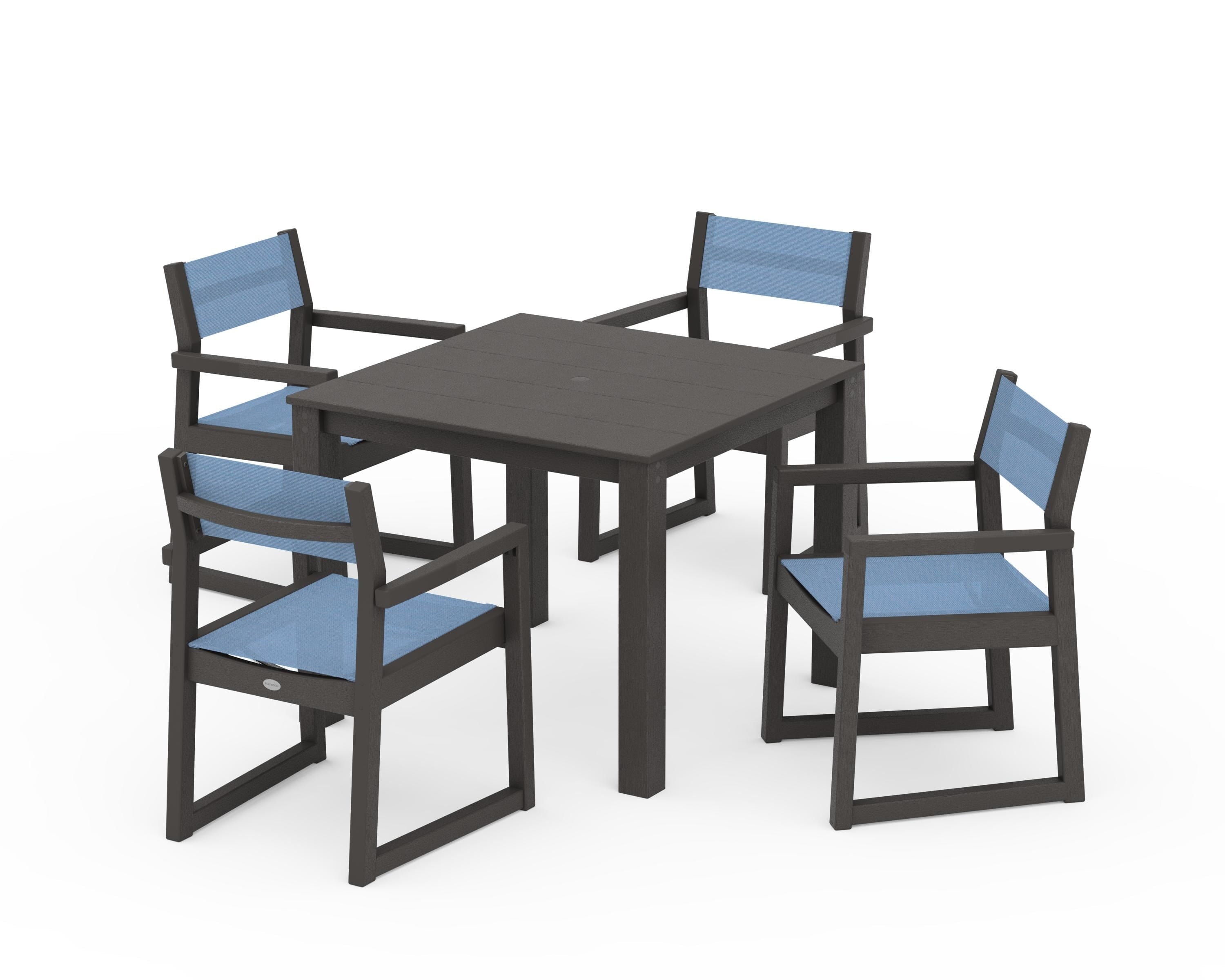 POLYWOOD EDGE Sling Arm Chair 5-Piece Parsons Dining Set in Vintage Coffee / Poolside Sling