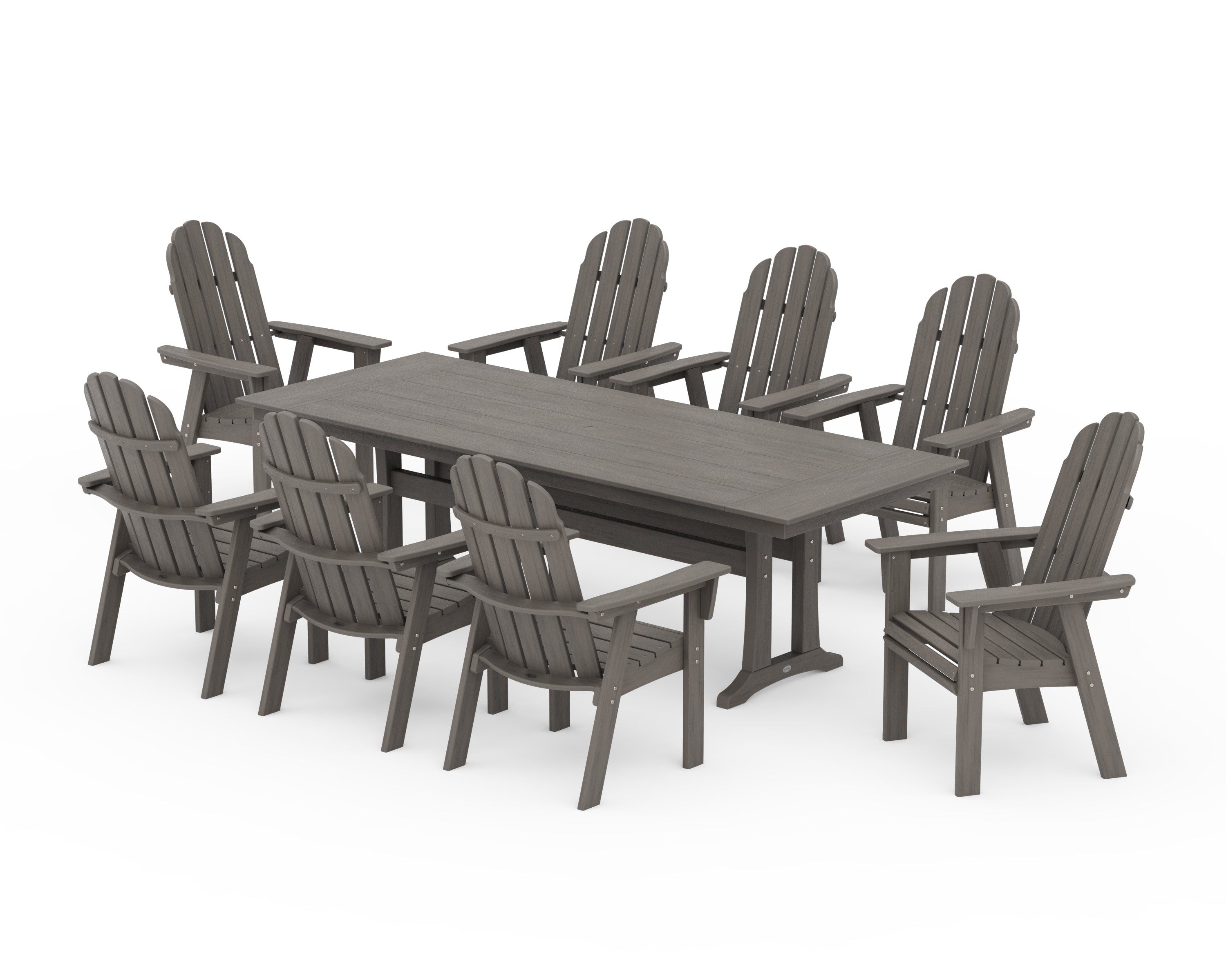 POLYWOOD Vineyard 9-Piece Curveback Adirondack Farmhouse Dining Set with Trestle Legs in Driftwood