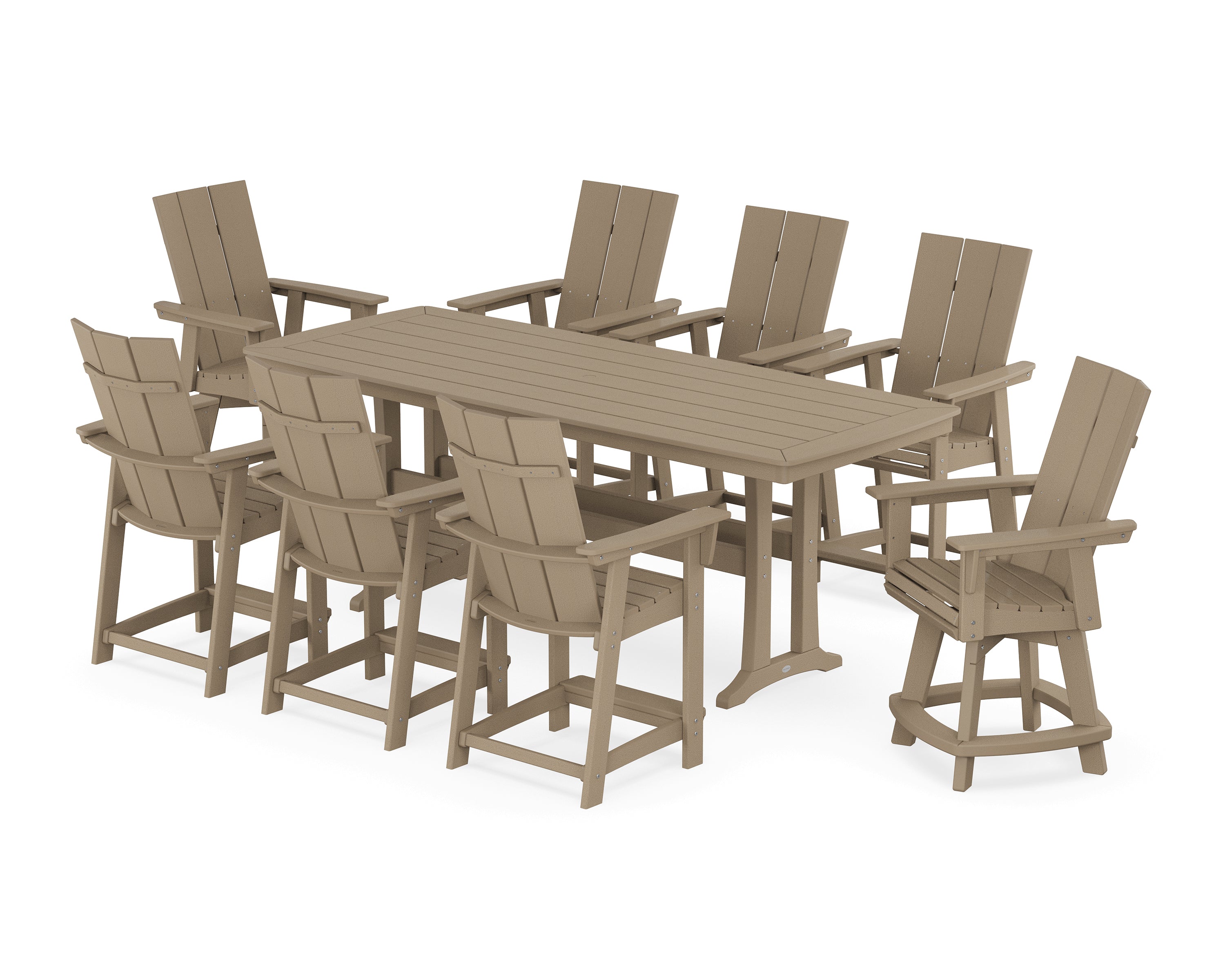 POLYWOOD® Modern Curveback Adirondack Swivel 9-Piece Counter Set with Trestle Legs in Vintage Sahara