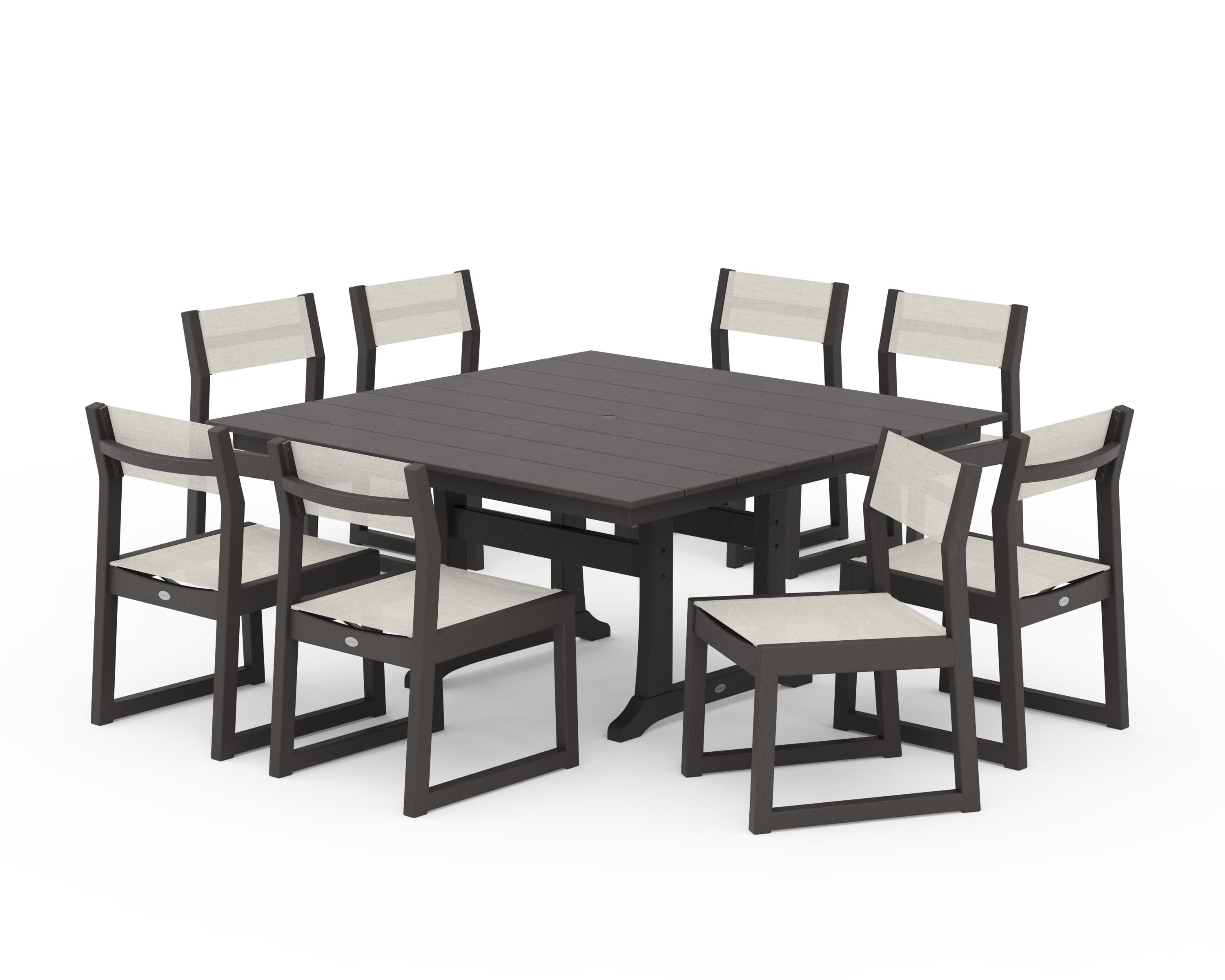 POLYWOOD EDGE Sling Side Chair 9-Piece Farmhouse Trestle Dining Set in Vintage Coffee / Parchment Sling