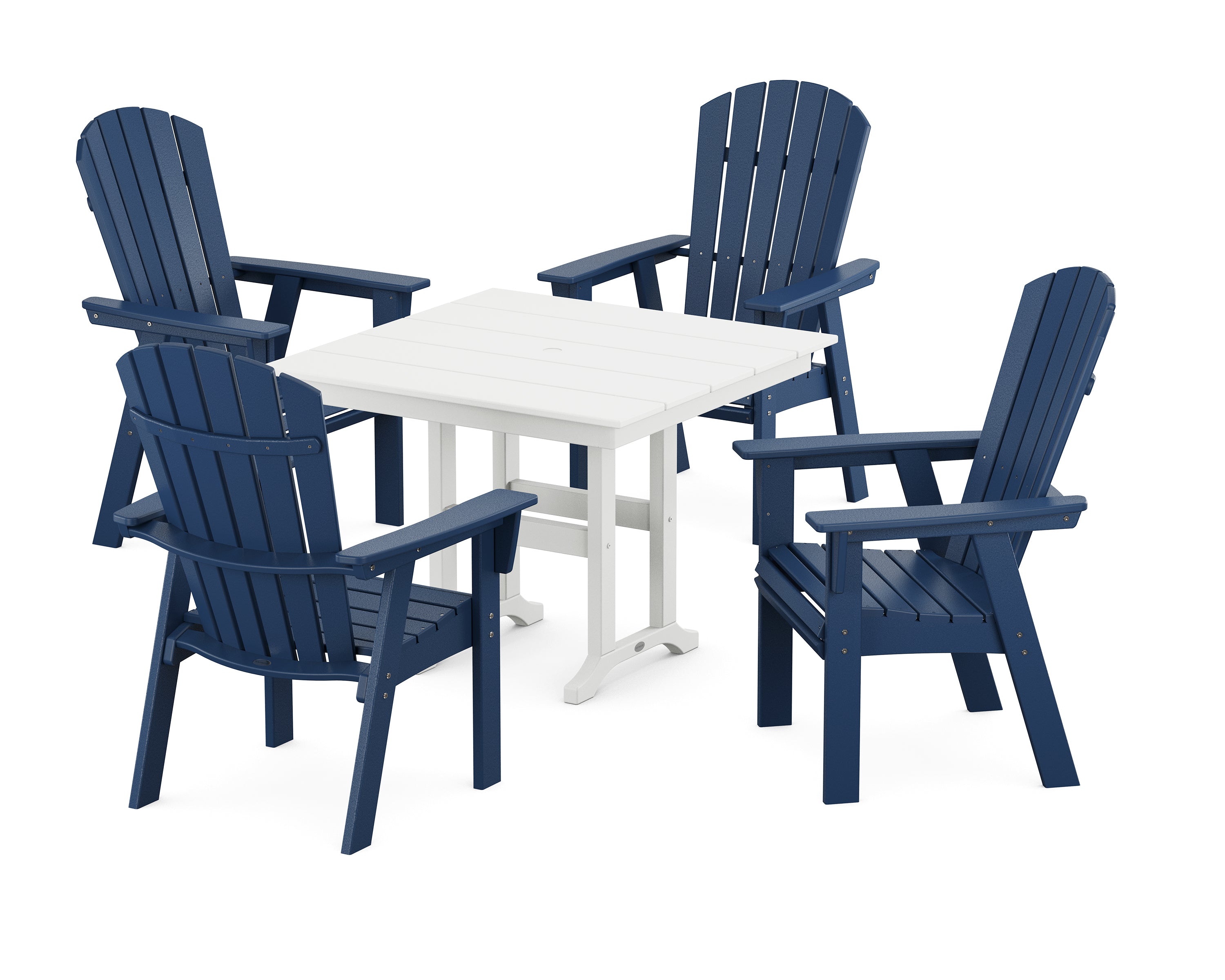 POLYWOOD® Nautical Curveback Adirondack 5-Piece Farmhouse Dining Set in Navy / White
