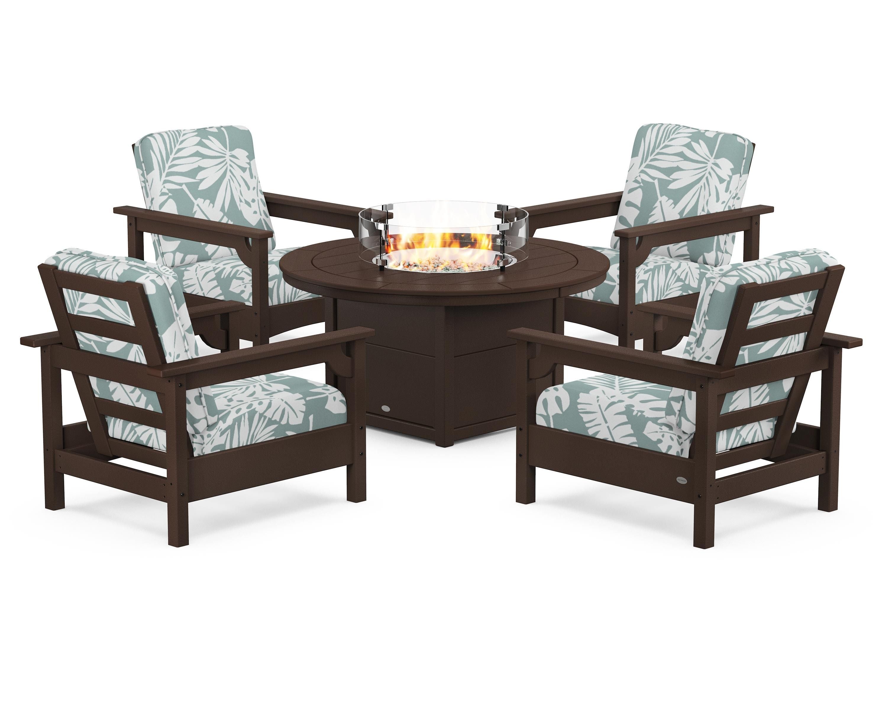 POLYWOOD Club 5-Piece Conversation Set with Fire Pit Table in Mahogany / Leaf Glacier Spa