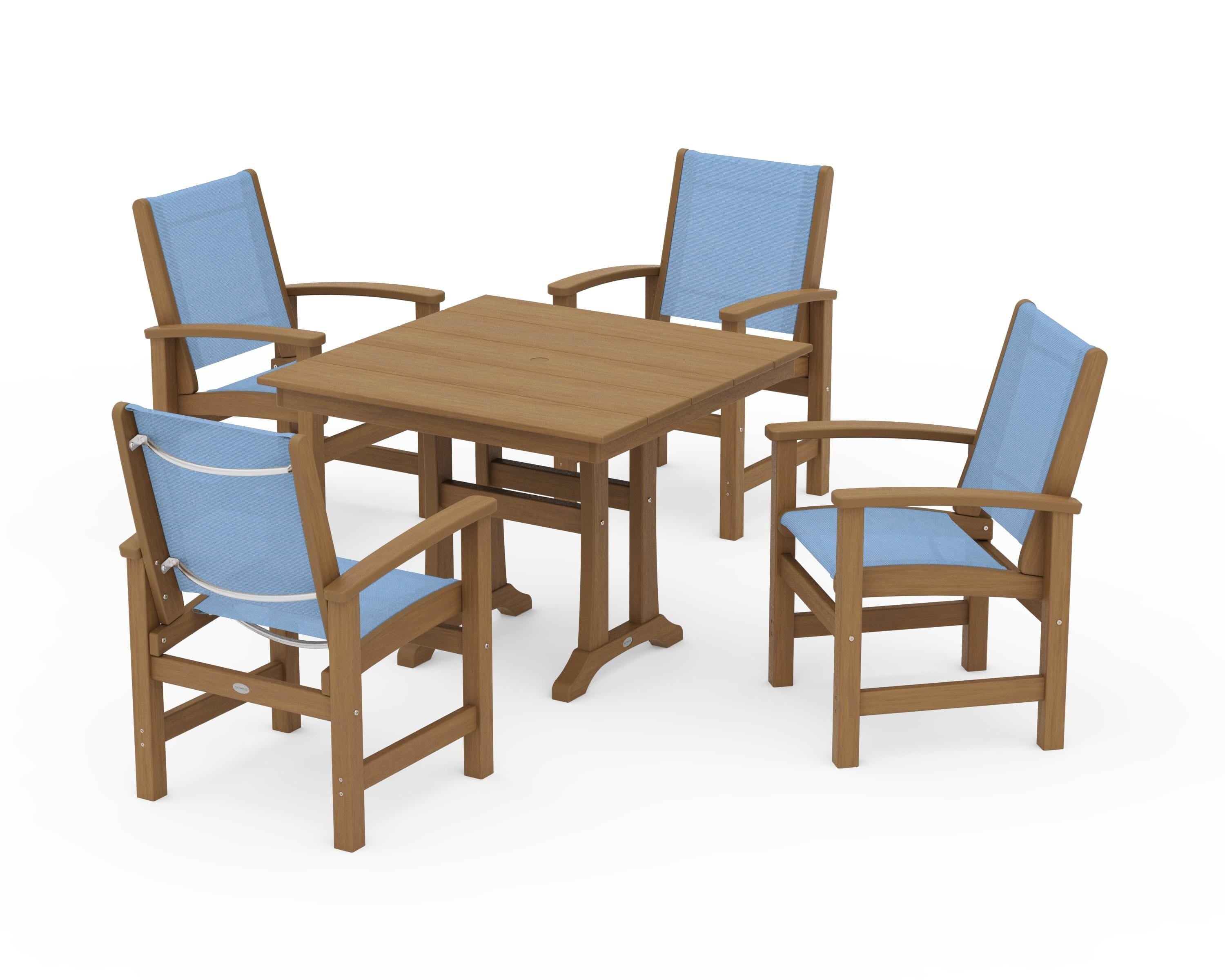 POLYWOOD Coastal 5-Piece Farmhouse Dining Set With Trestle Legs in Natural / Poolside Sling