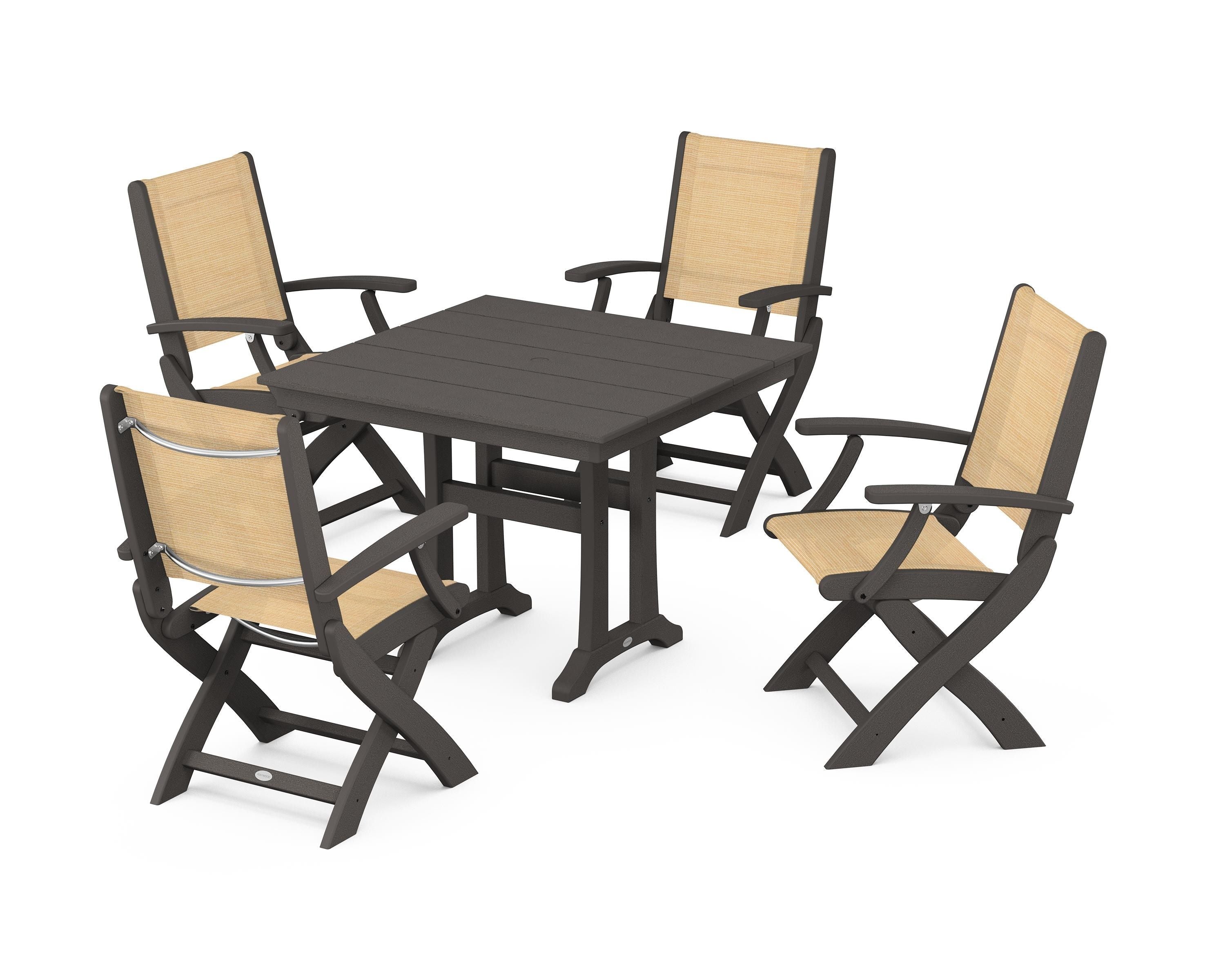 POLYWOOD Coastal Folding Chair 5-Piece Farmhouse Dining Set With Trestle Legs in Vintage Coffee / Dupioni Apricot Sling