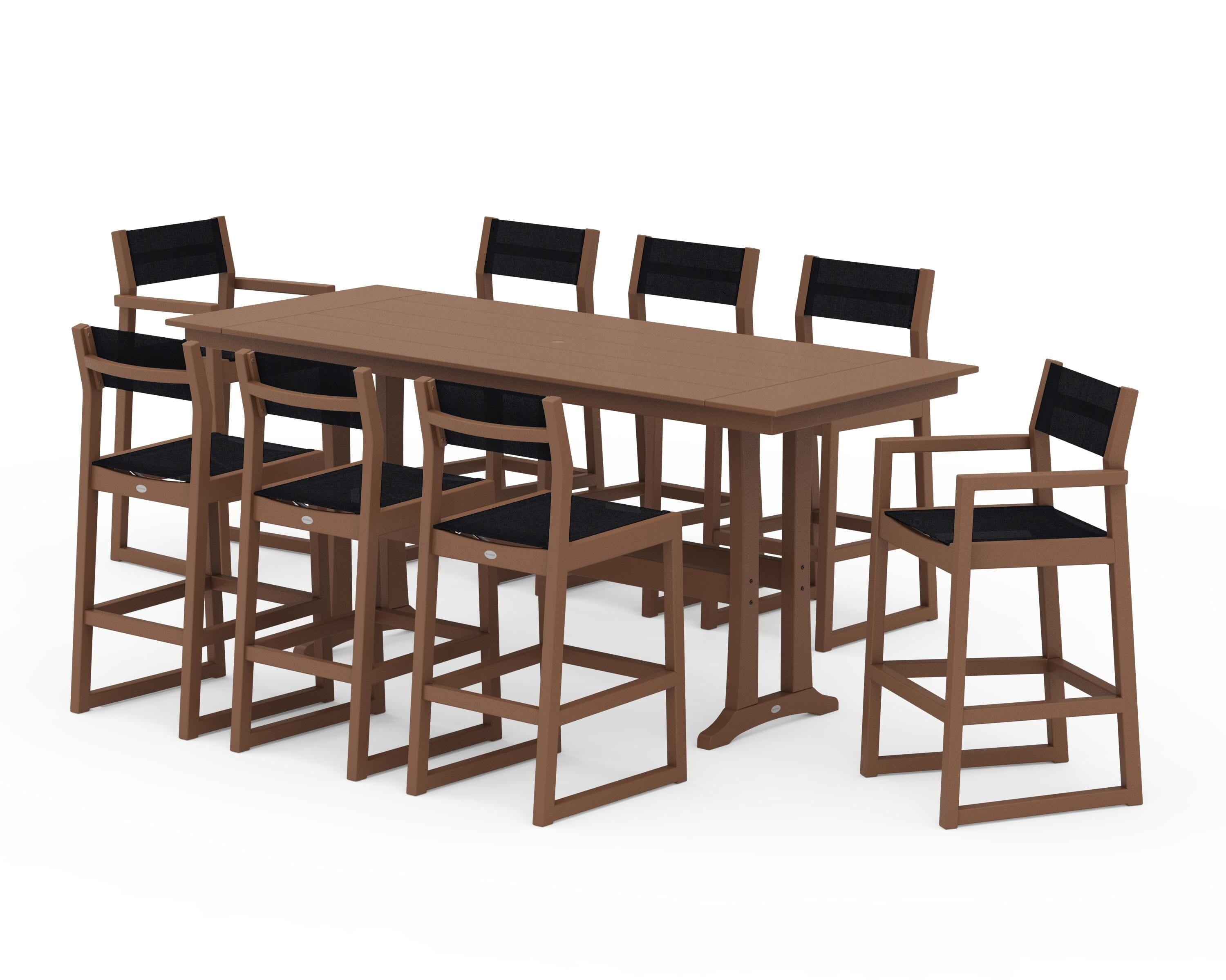 POLYWOOD EDGE Sling 9-Piece Farmhouse Bar Set with Trestle Legs in Teak / Black Sling
