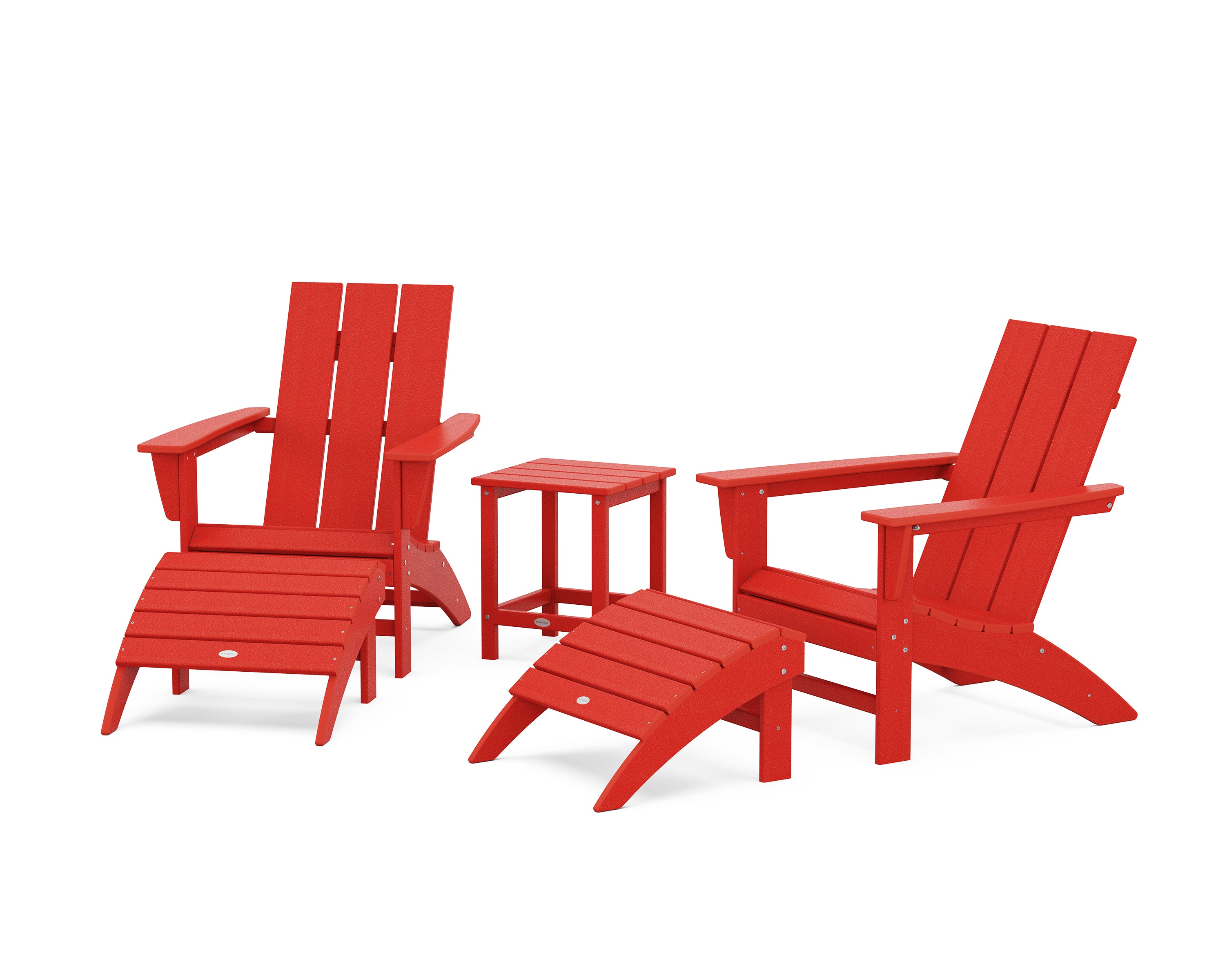 POLYWOOD® Modern Adirondack Chair 5-Piece Set with Ottomans and 18" Side Table in Sunset Red