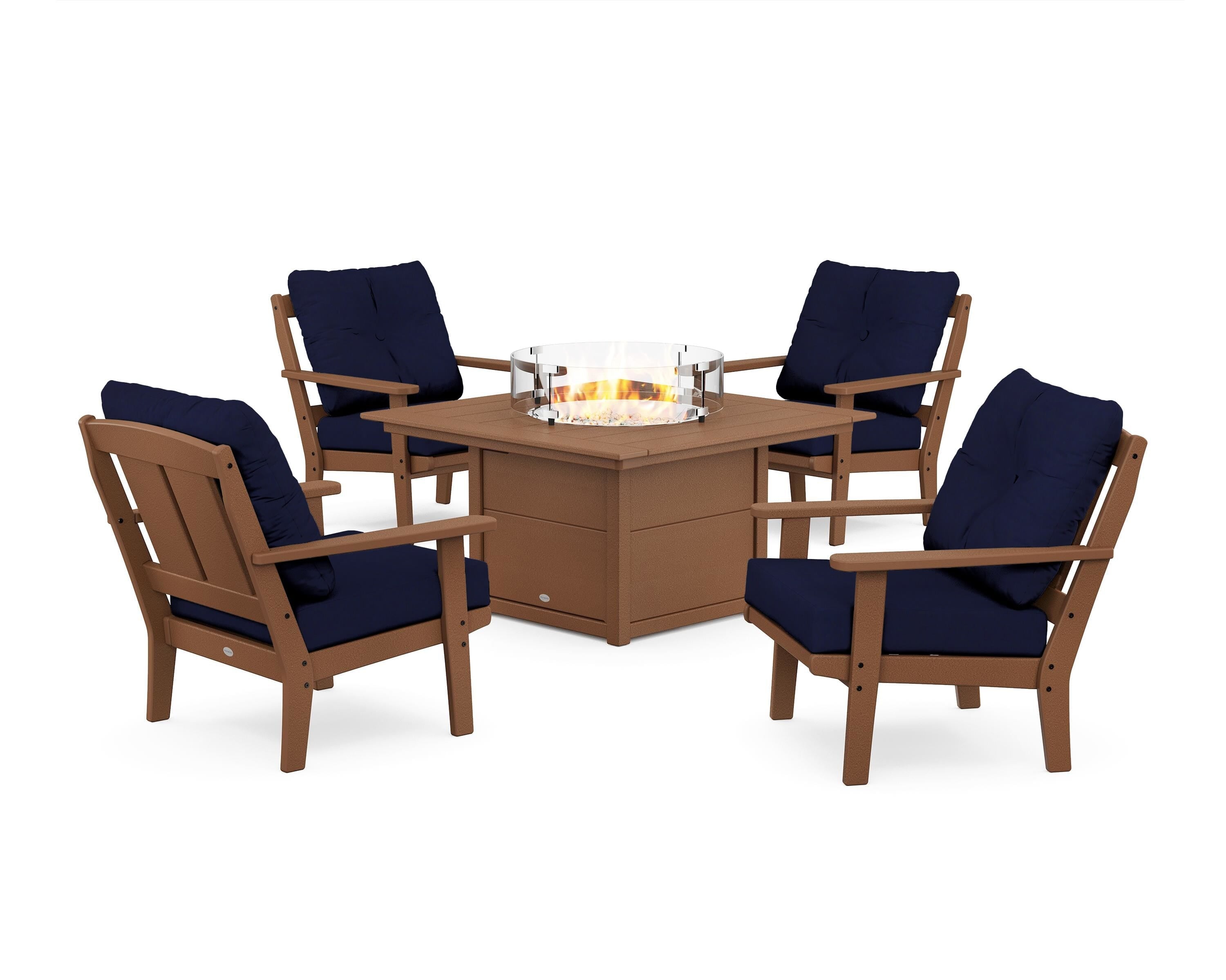POLYWOOD Mission 5-Piece Deep Seating Set with Fire Pit Table in Teak / Navy