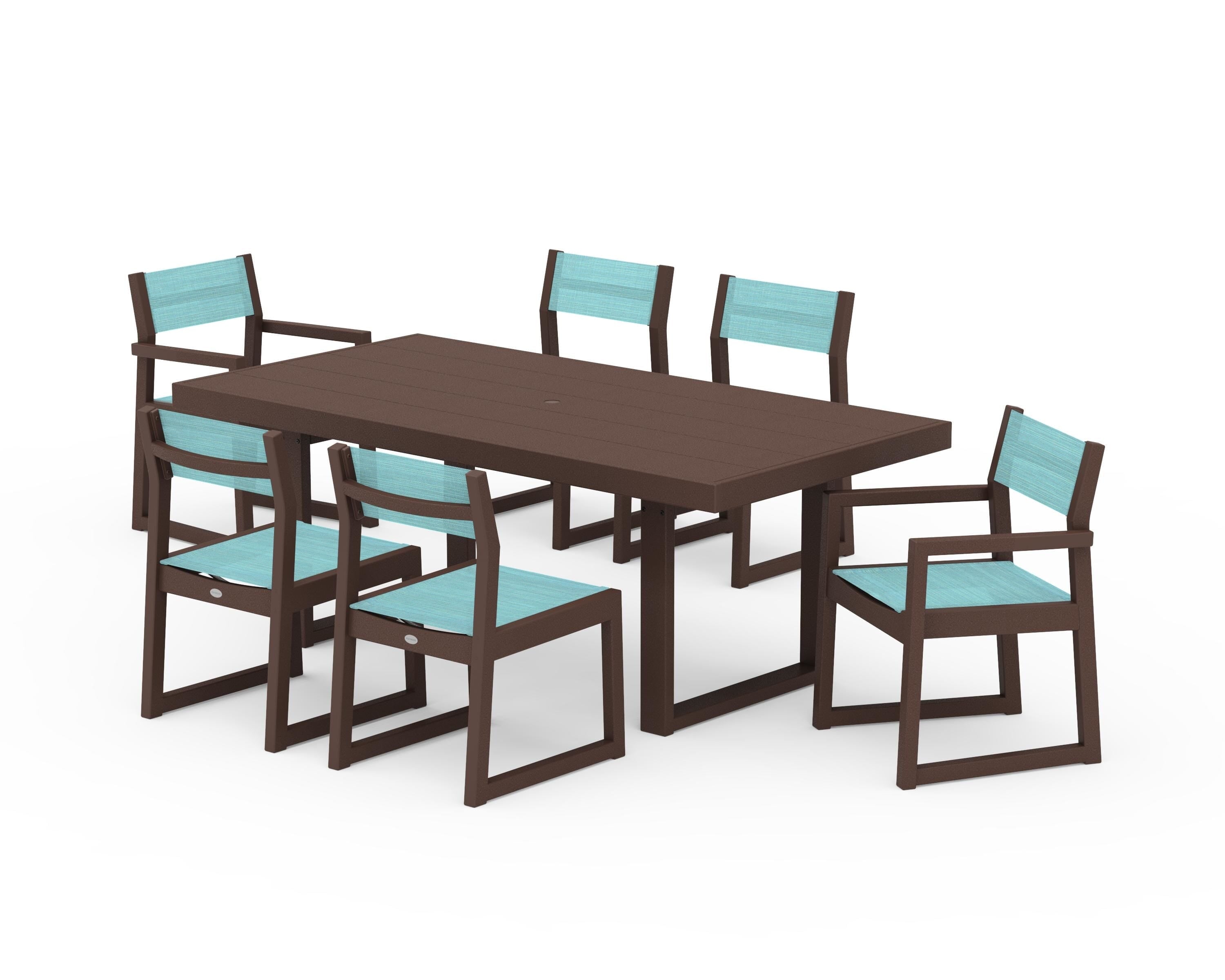POLYWOOD EDGE Sling 7-Piece Dining Set in Mahogany / Dupioni Aquamarine Sling