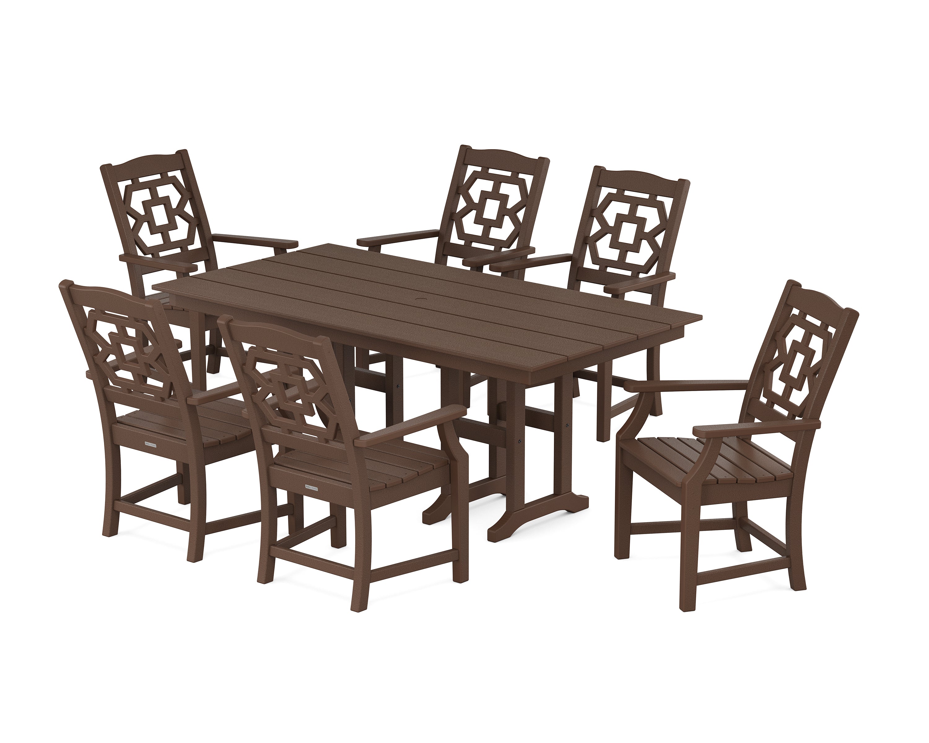 Martha Stewart by POLYWOOD Chinoiserie Arm Chair 7-Piece Farmhouse Dining Set in Mahogany