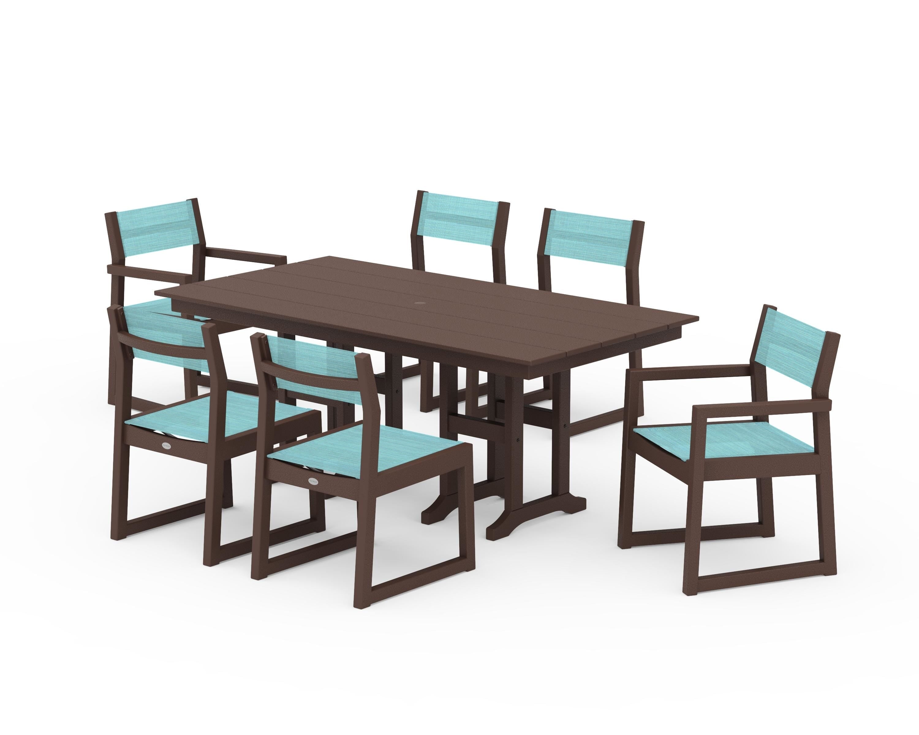 POLYWOOD EDGE Sling 7-Piece Farmhouse Dining Set in Mahogany / Dupioni Aquamarine Sling