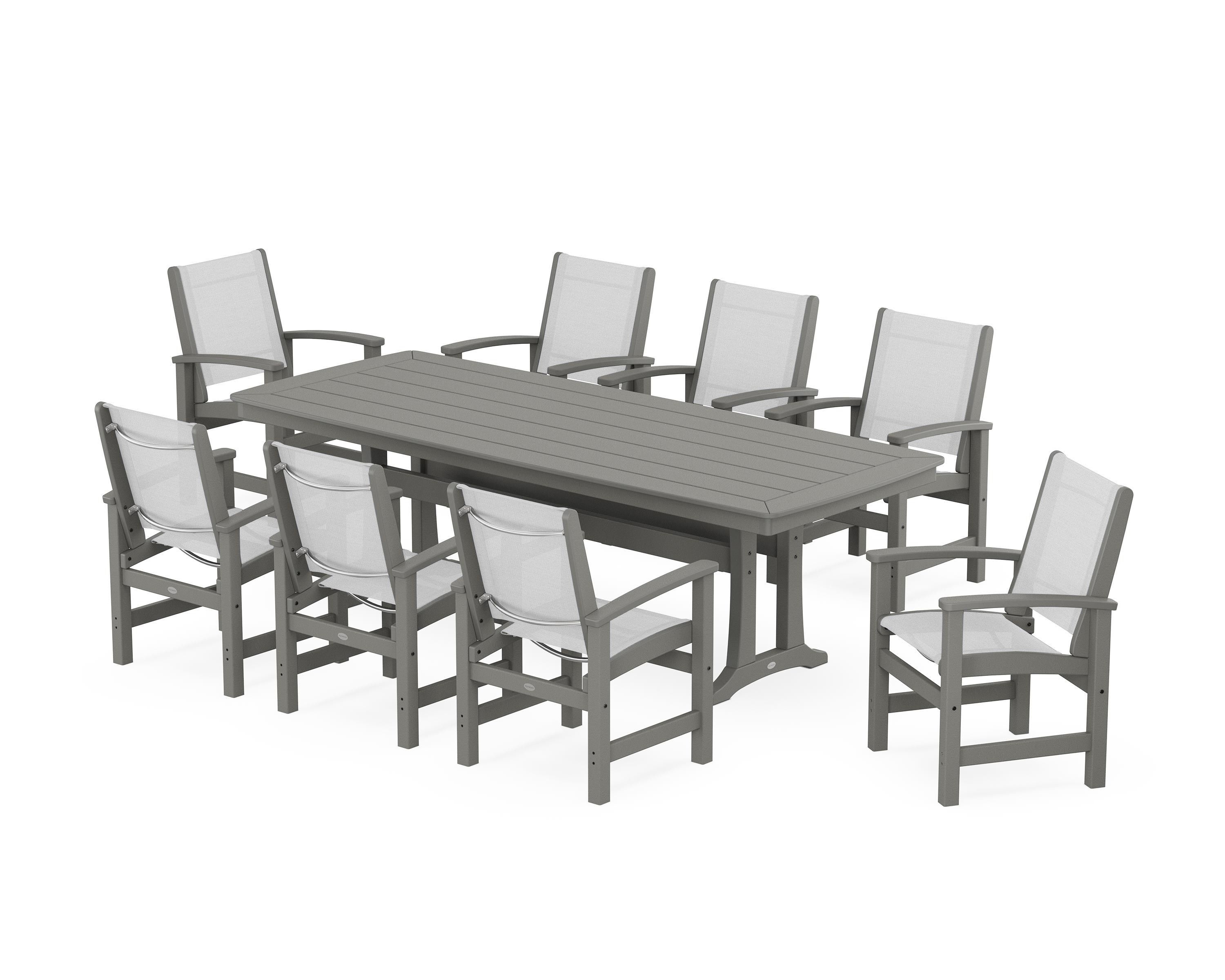 POLYWOOD Coastal 9-Piece Dining Set with Trestle Legs in Slate Grey / White Sling