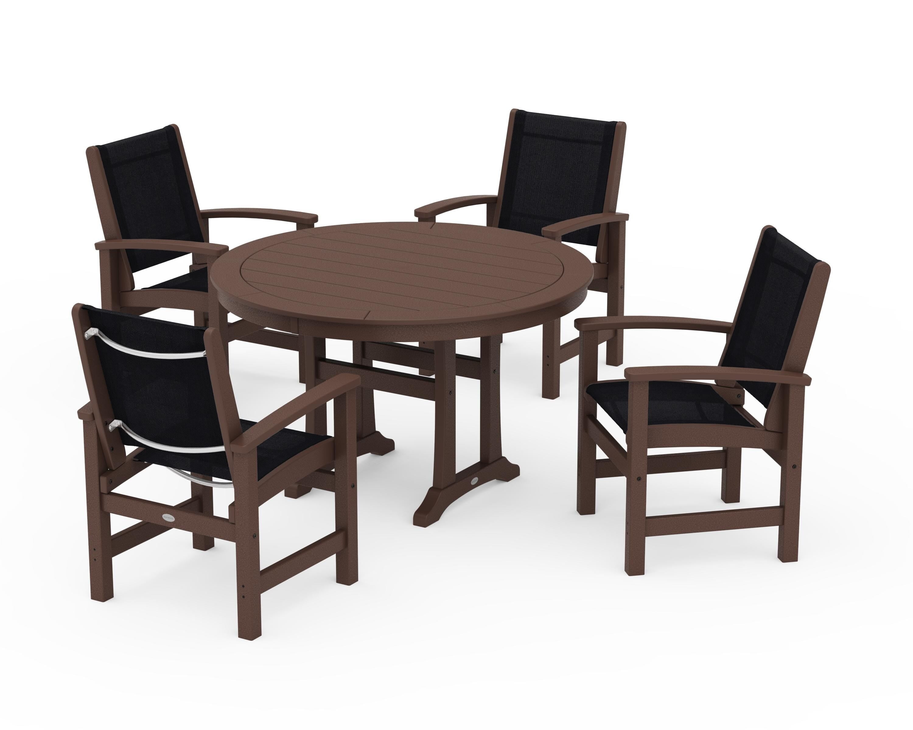 POLYWOOD Coastal 5-Piece Round Dining Set with Trestle Legs in Mahogany / Black Sling