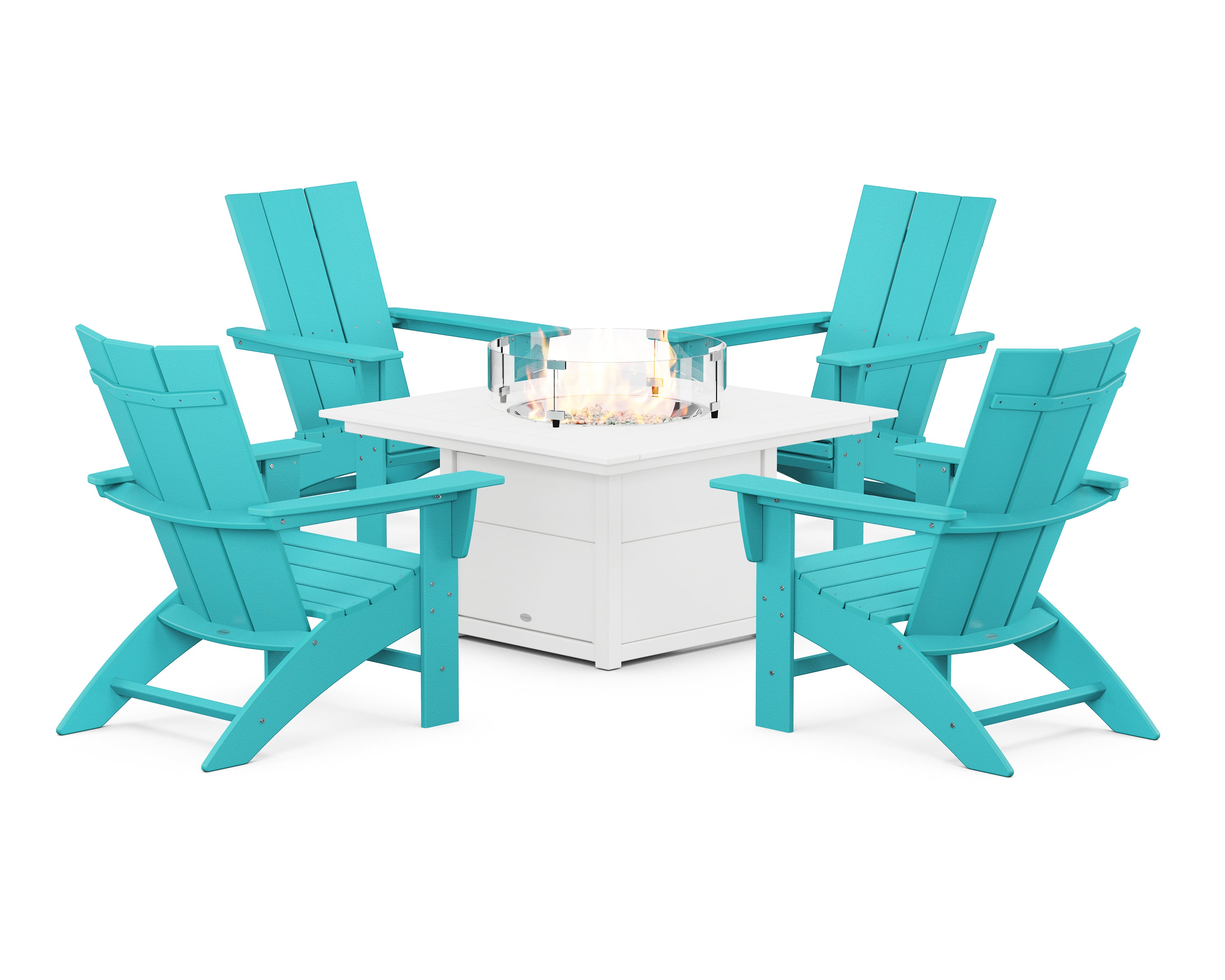 POLYWOOD Modern Curveback Adirondack 5-Piece Conversation Set with Fire Pit Table in Aruba / White