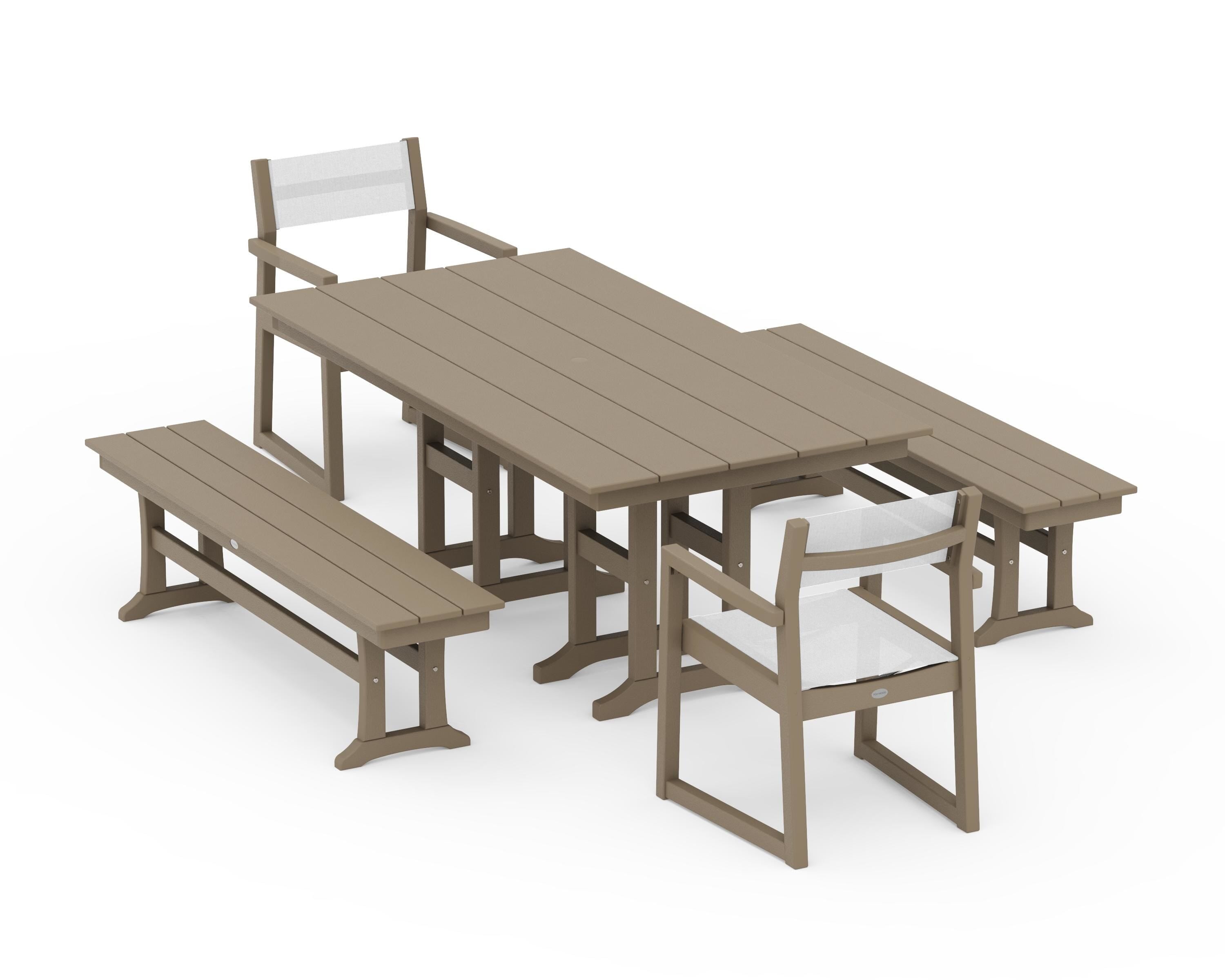 POLYWOOD EDGE Sling Arm Chair 5-Piece Farmhouse Dining Set with Benches in Vintage Sahara / White Sling