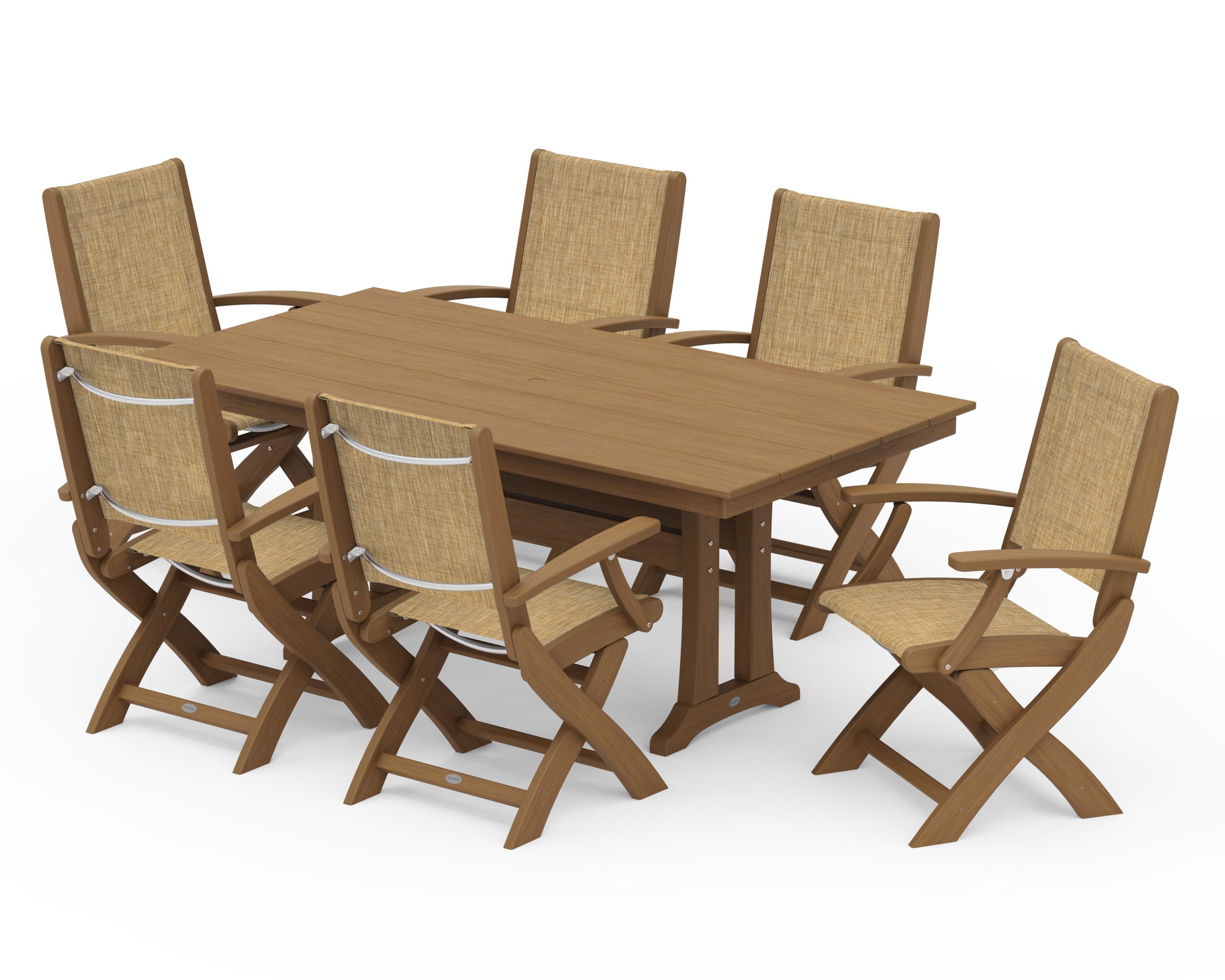 POLYWOOD Coastal Folding Arm Chair 7-Piece Farmhouse Dining Set with Trestle Legs in Natural / Burlap Sling