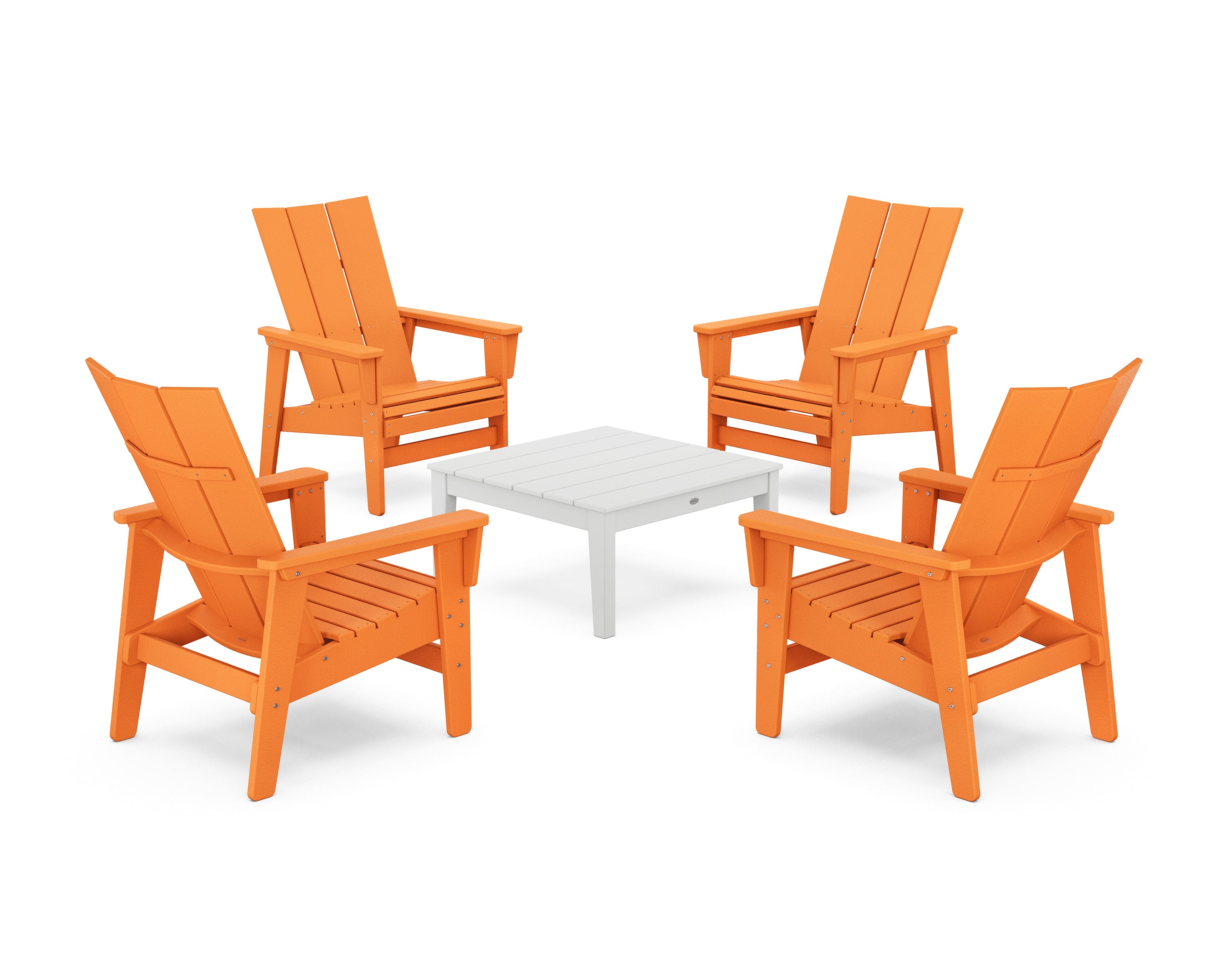 POLYWOOD® 5-Piece Modern Grand Upright Adirondack Chair Conversation Group in Tangerine / White