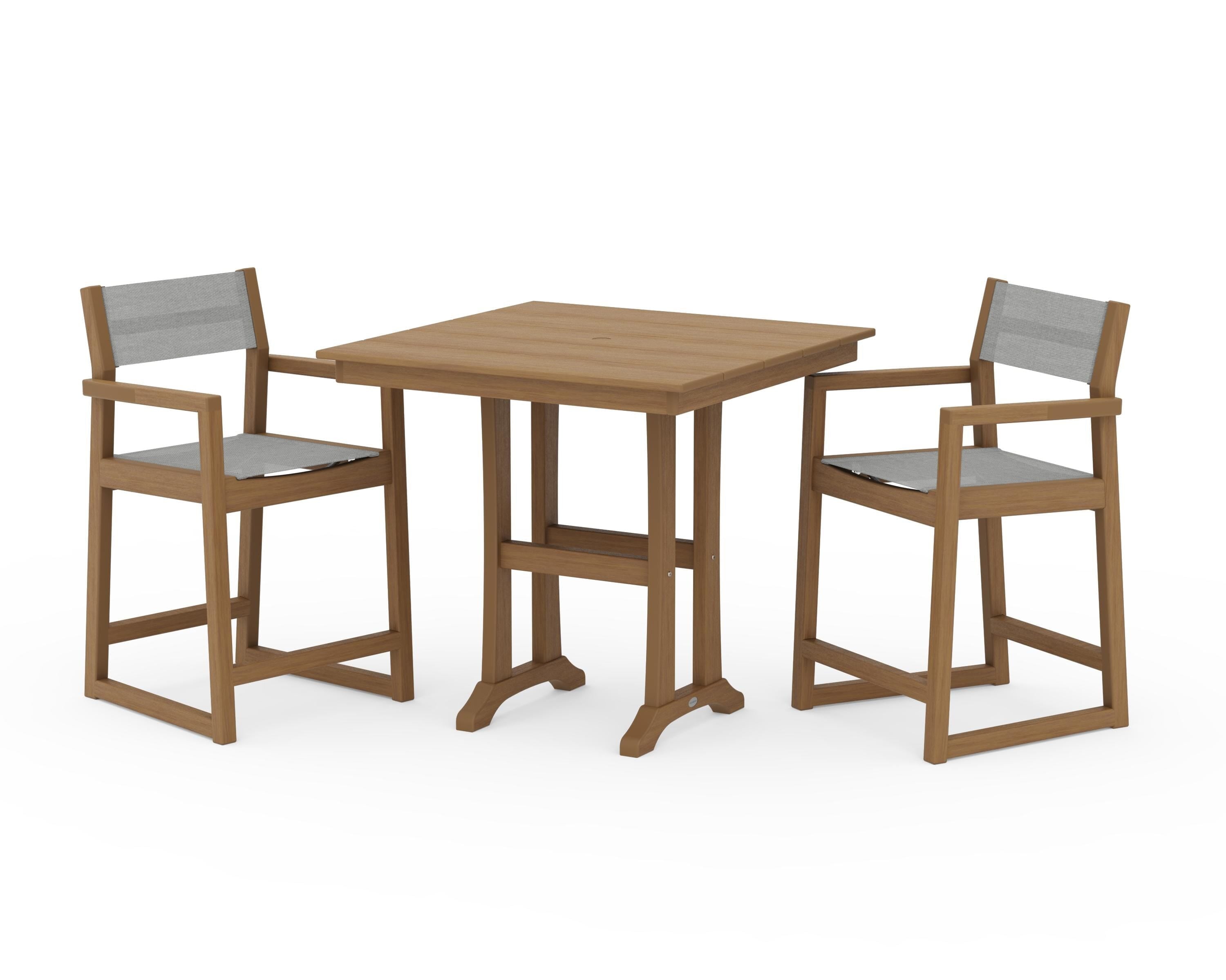 POLYWOOD EDGE Sling Arm Chair 3-Piece Farmhouse Counter Set with Trestle Legs in Natural / Metallic Sling