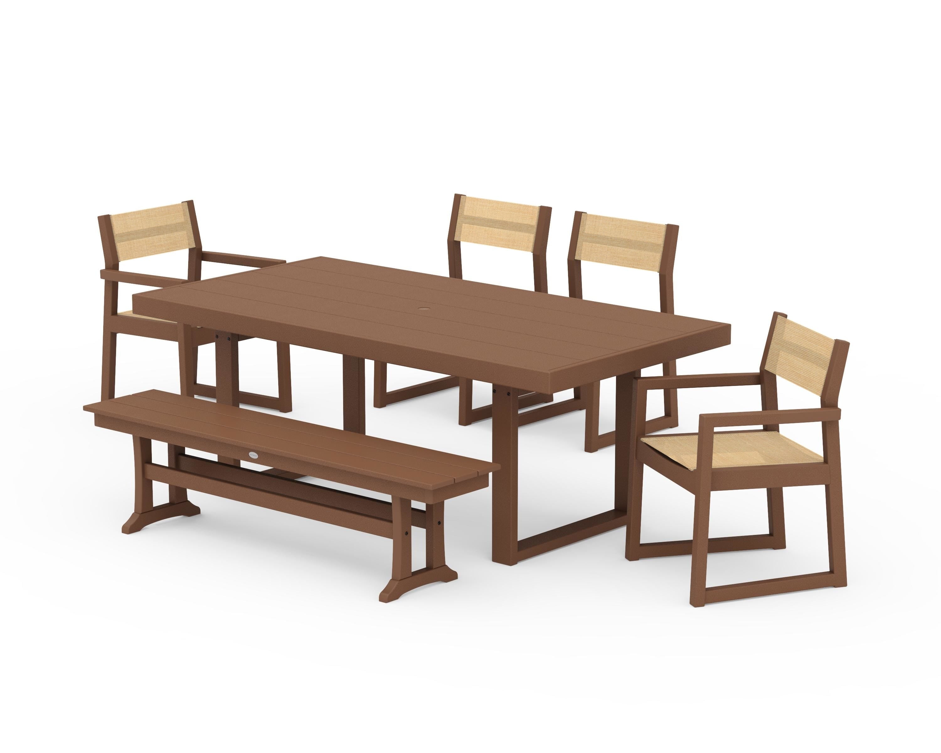 POLYWOOD EDGE Sling 6-Piece Dining Set with Bench in Teak / Dupioni Apricot Sling
