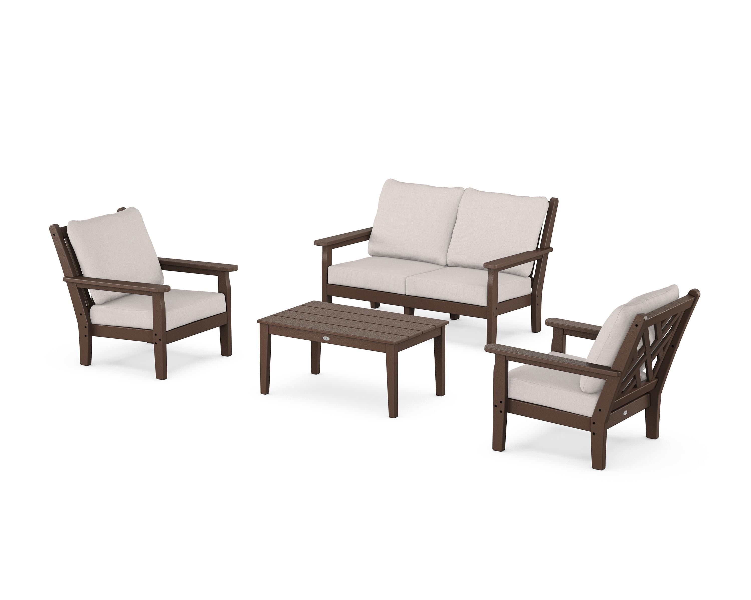 POLYWOOD Chippendale 4-Piece Deep Seating Set with Loveseat in Mahogany / Dune Burlap