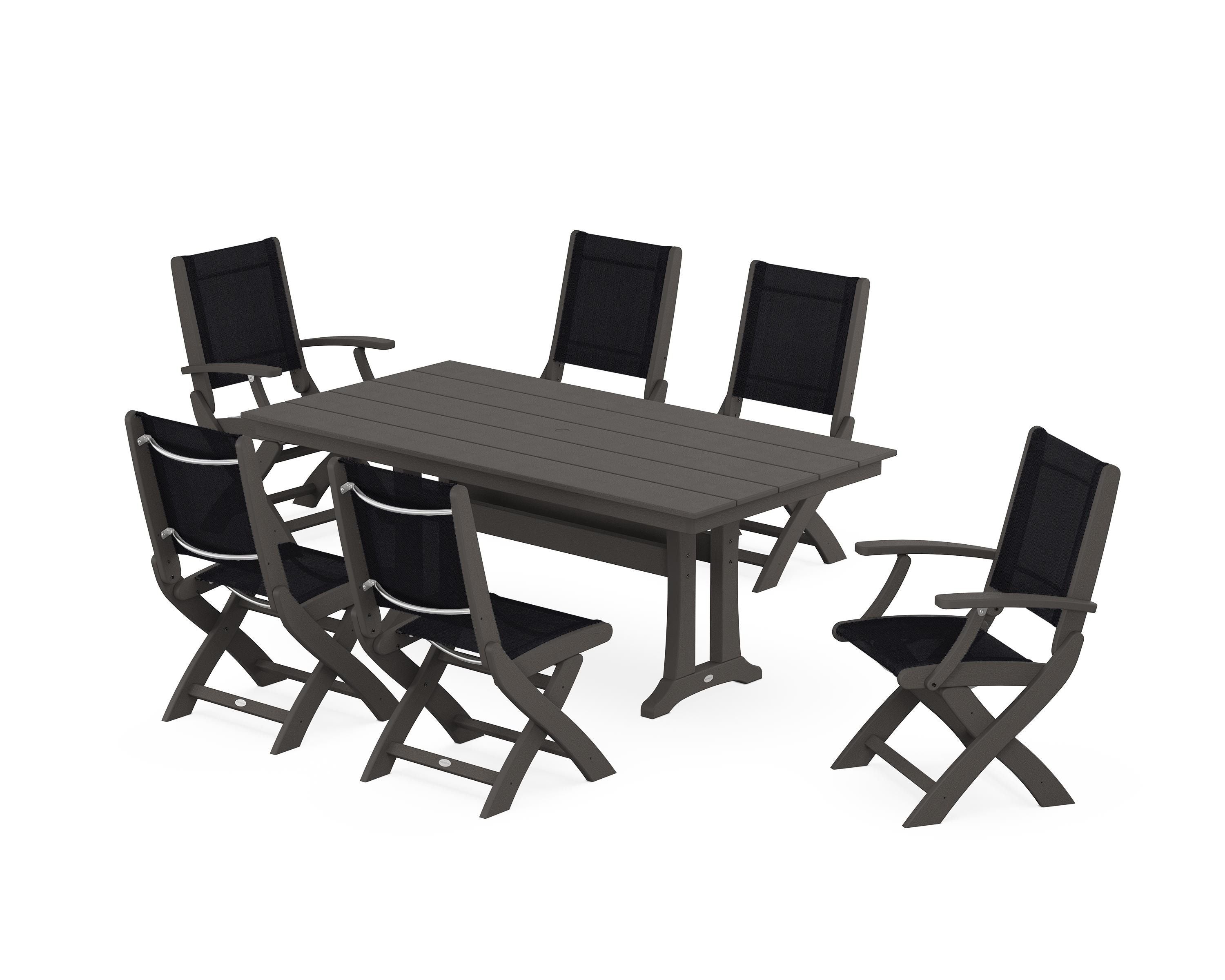 POLYWOOD Coastal Folding Chair 7-Piece Farmhouse Dining Set with Trestle Legs in Vintage Coffee / Black Sling