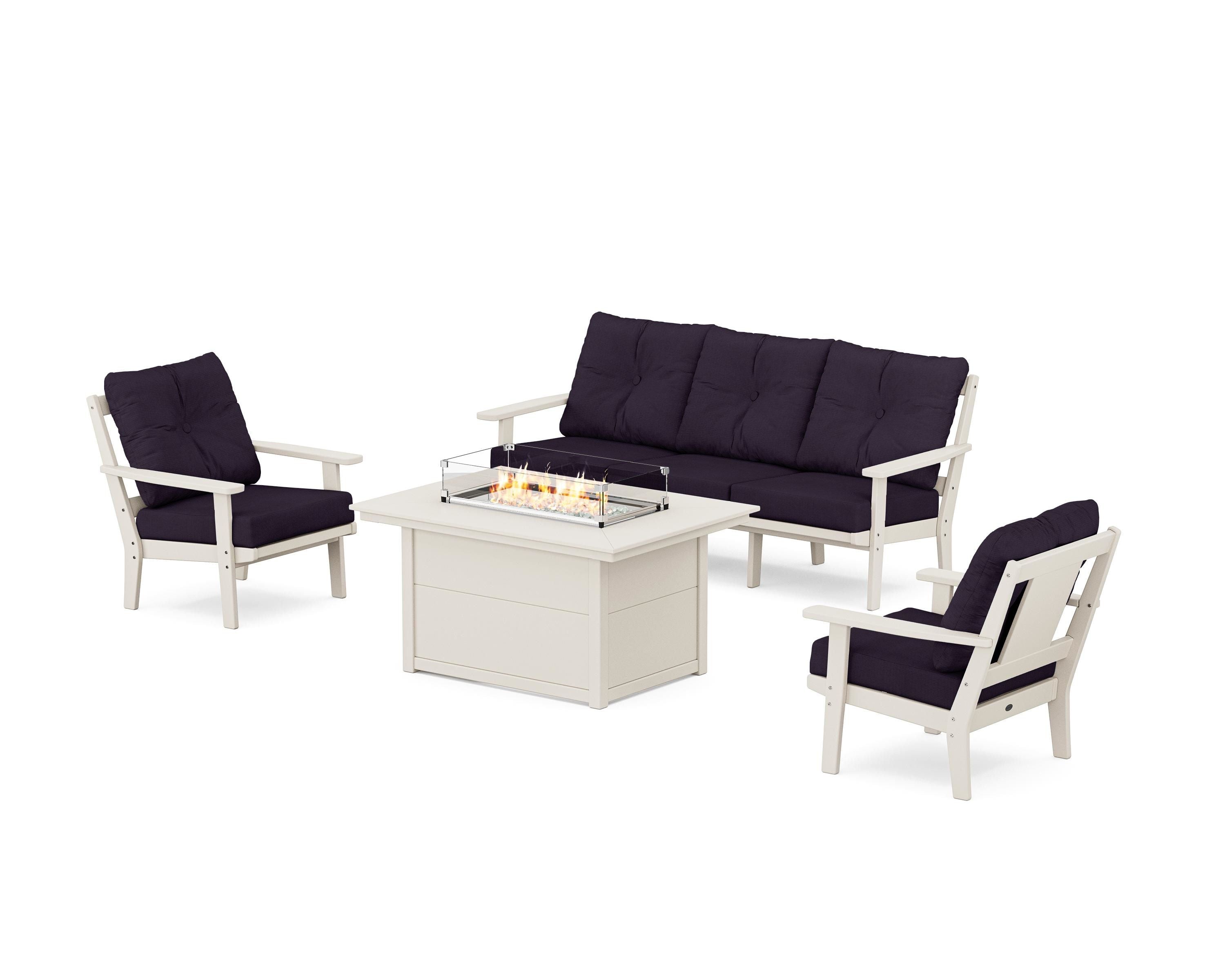 POLYWOOD Prairie Deep Seating Fire Pit Table Set in Sand / Navy Linen
