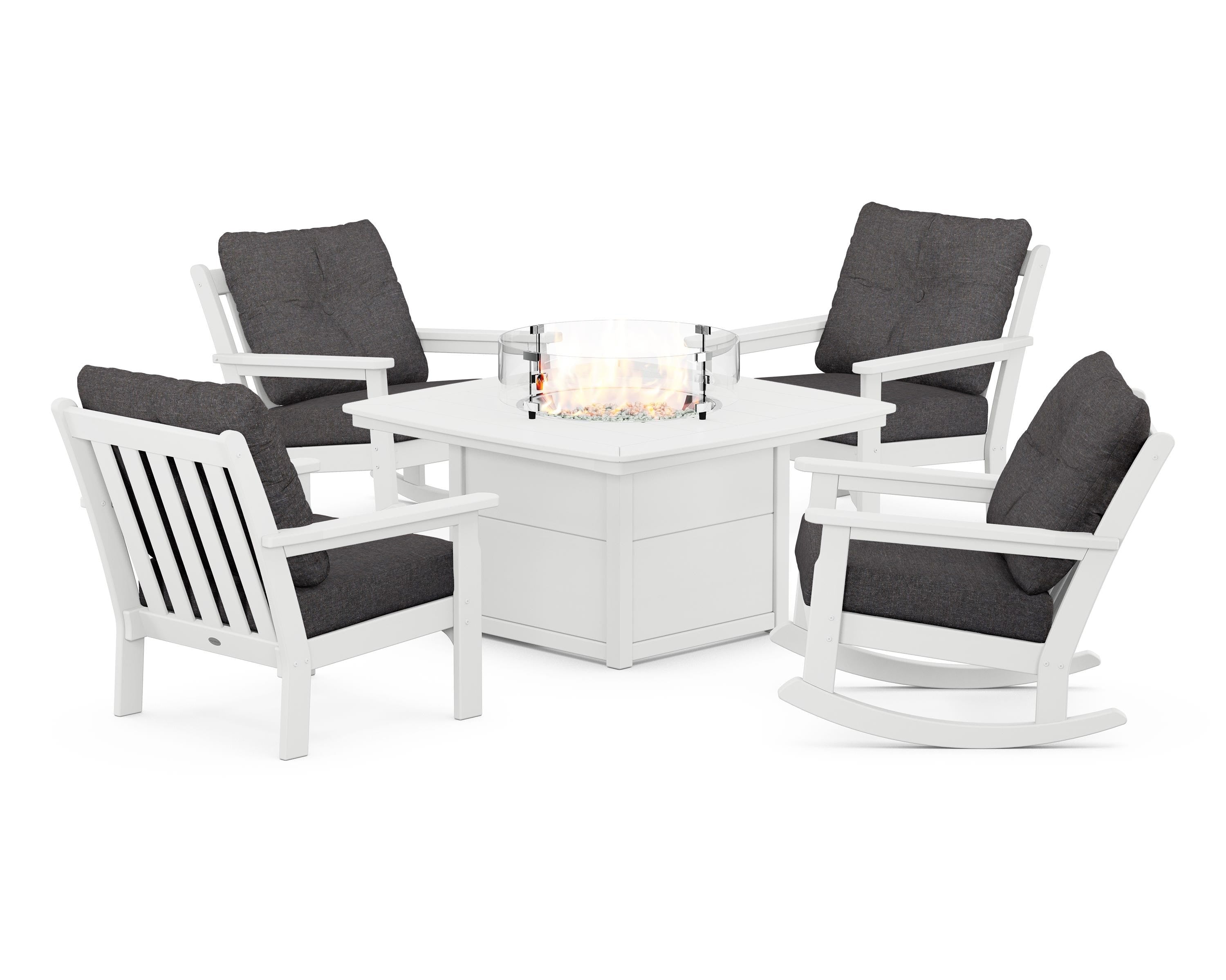 POLYWOOD Vineyard 5-Piece Deep Seating Rocking Chair Conversation Set with Fire Pit Table in White / Ash Charcoal