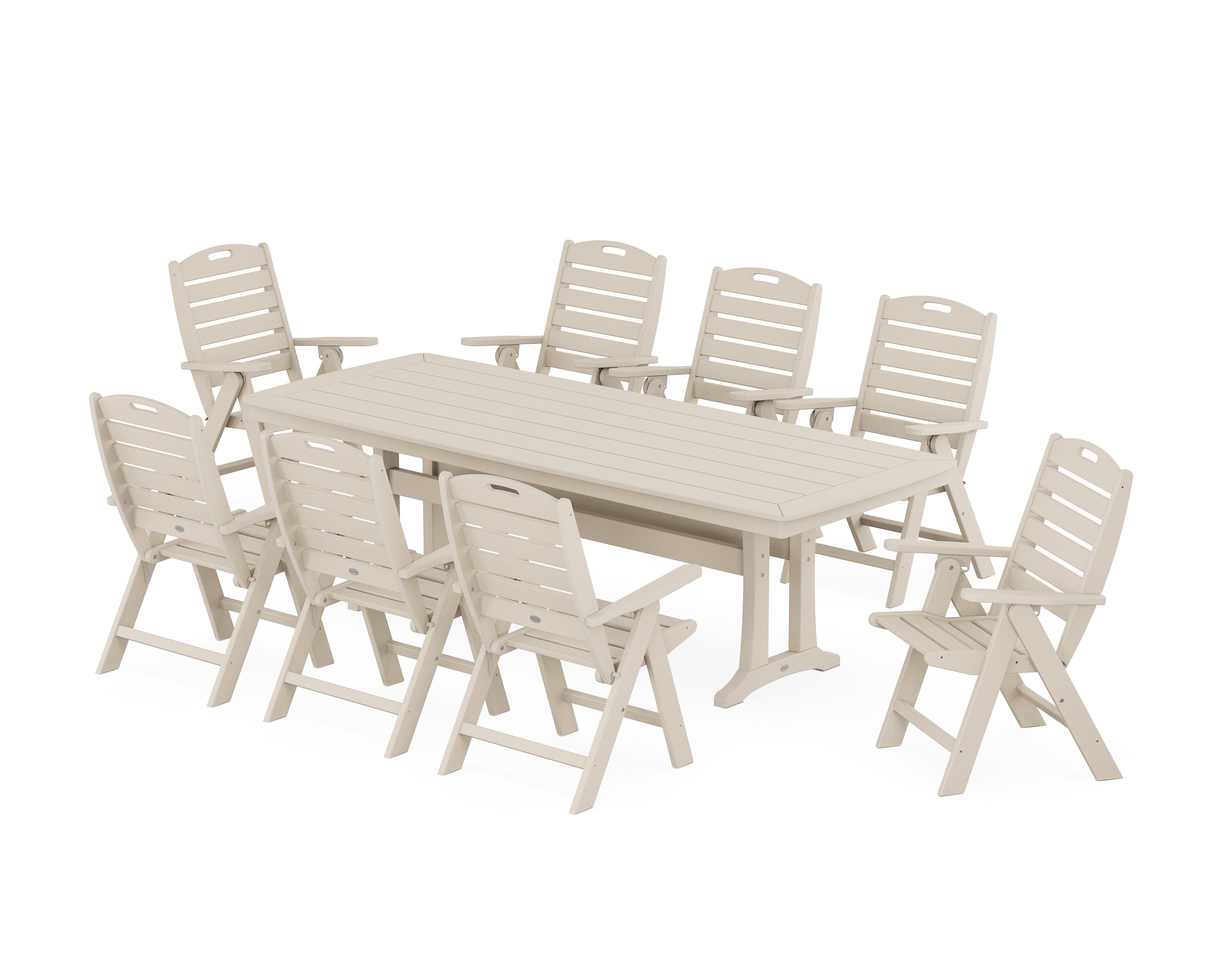 POLYWOOD® Nautical Highback 9-Piece Dining Set with Trestle Legs in Sand
