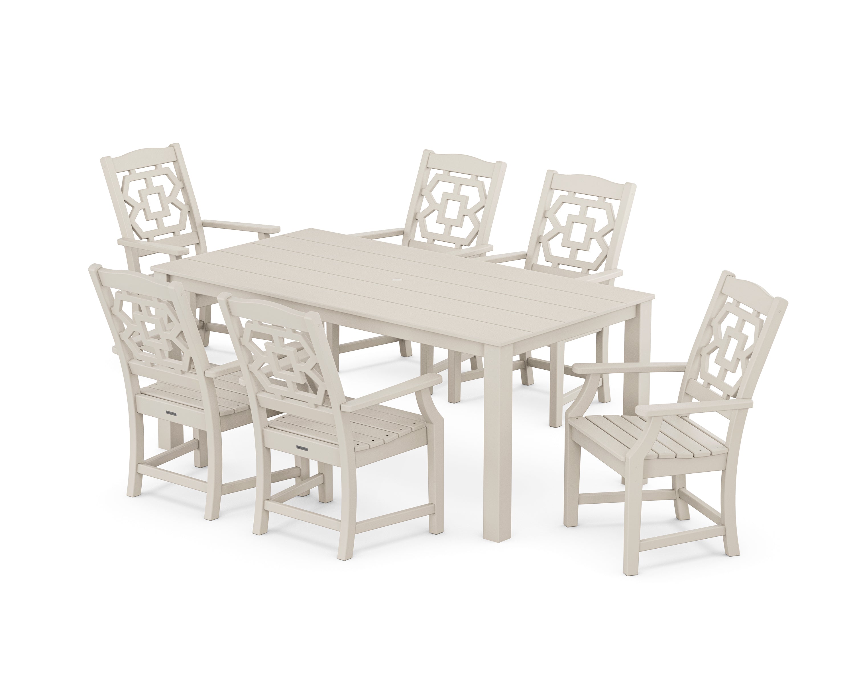 Martha Stewart by POLYWOOD Chinoiserie Arm Chair 7-Piece Parsons Dining Set in Sand