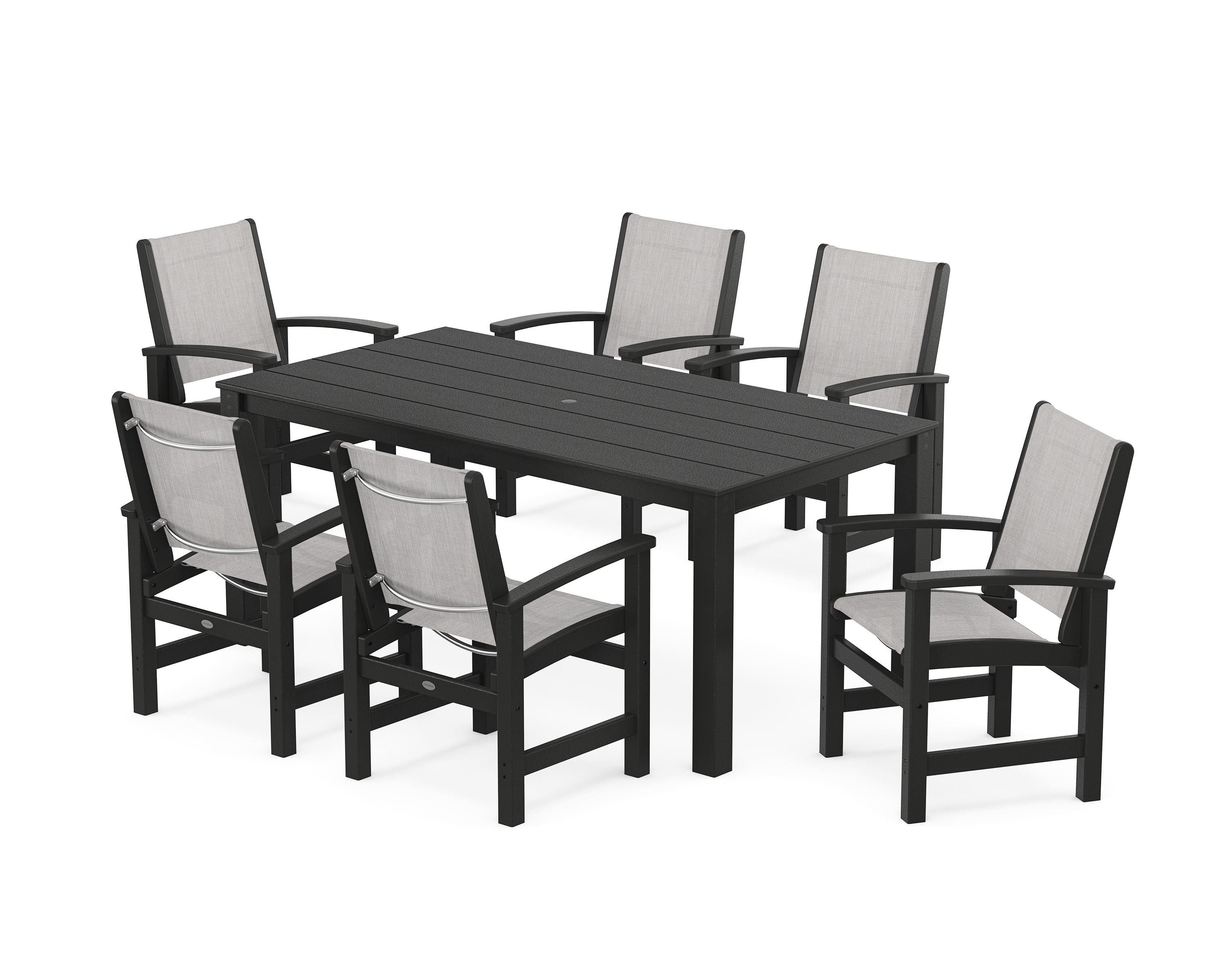 POLYWOOD Coastal 7-Piece Parsons Dining Set in Black / Parchment Sling