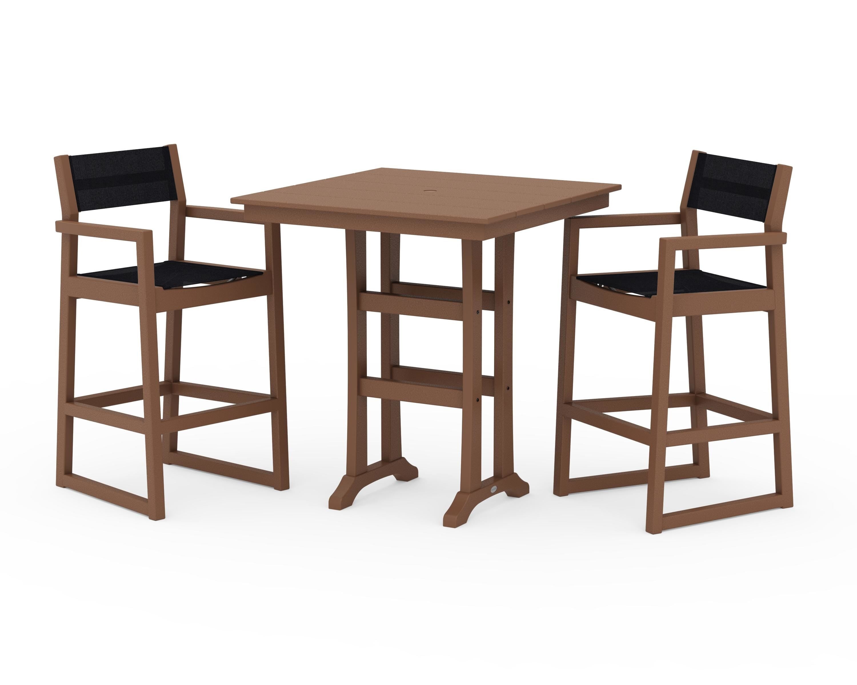 POLYWOOD EDGE Sling Arm Chair 3-Piece Farmhouse Bar Set with Trestle Legs in Teak / Black Sling