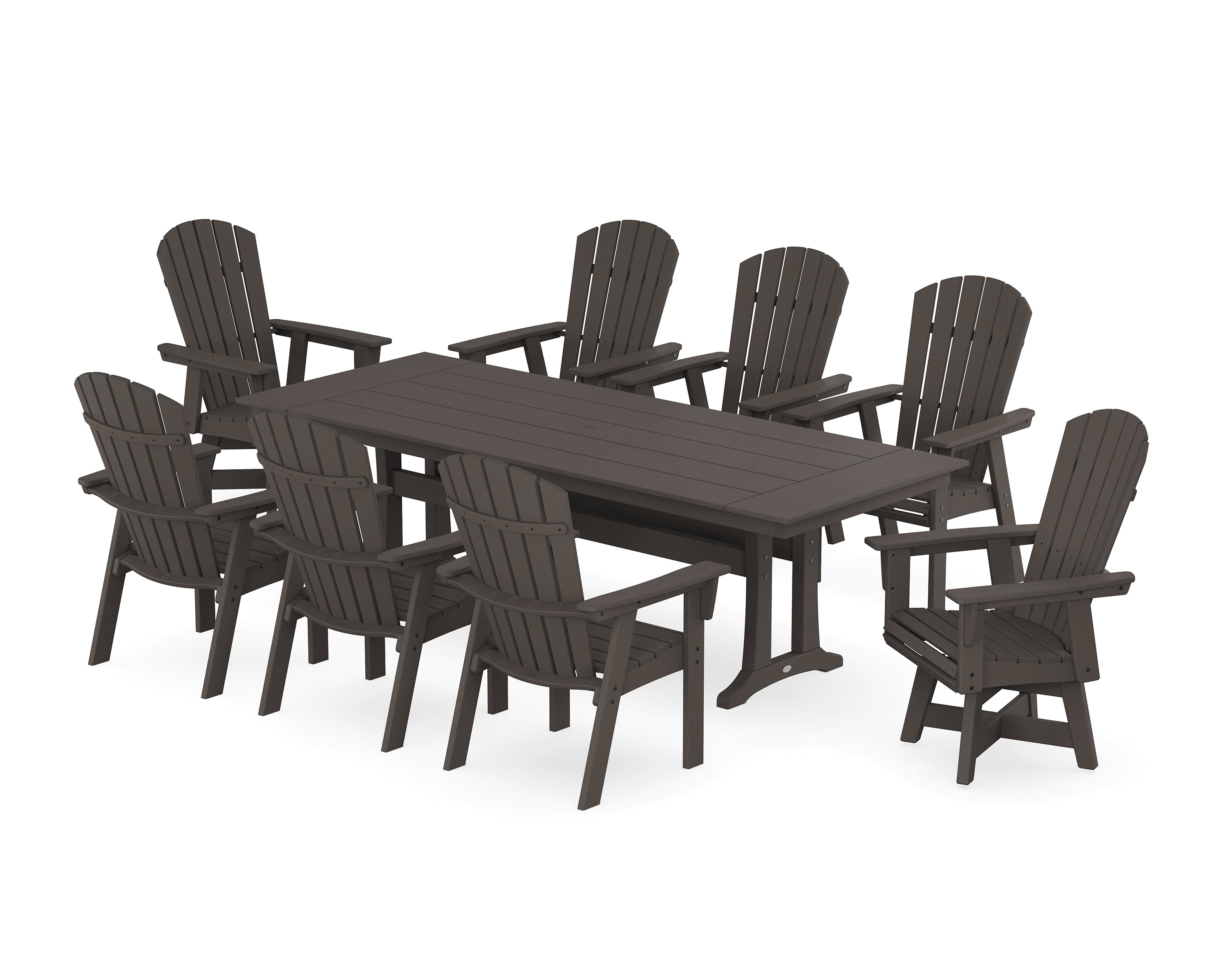 POLYWOOD® Nautical Curveback Adirondack Swivel 9-Piece Farmhouse Dining Set with Trestle Legs in Vintage Coffee