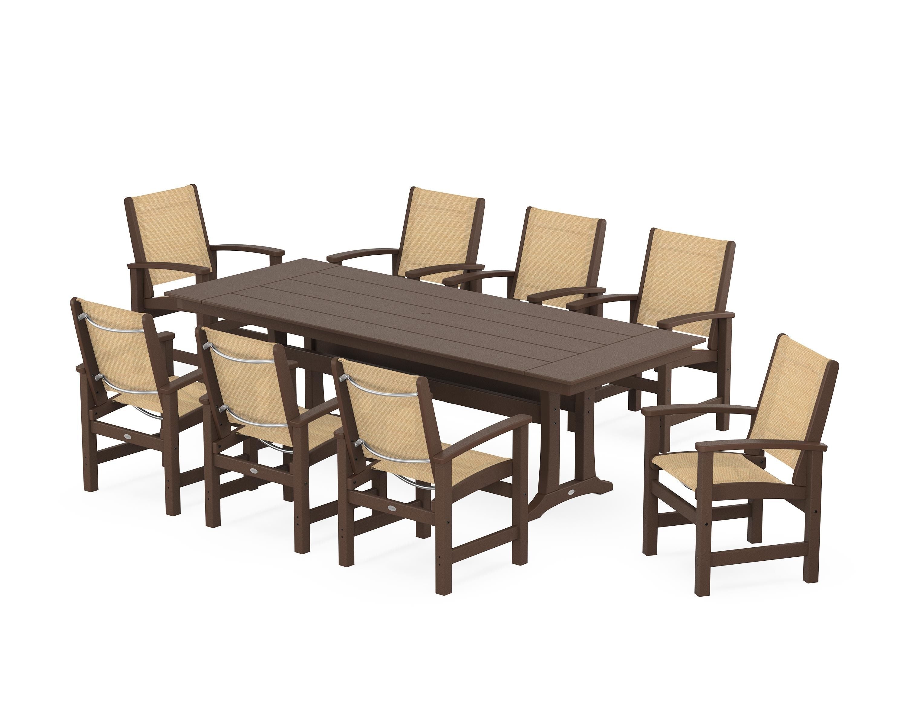 POLYWOOD Coastal 9-Piece Farmhouse Dining Set with Trestle Legs in Mahogany / Dupioni Apricot Sling