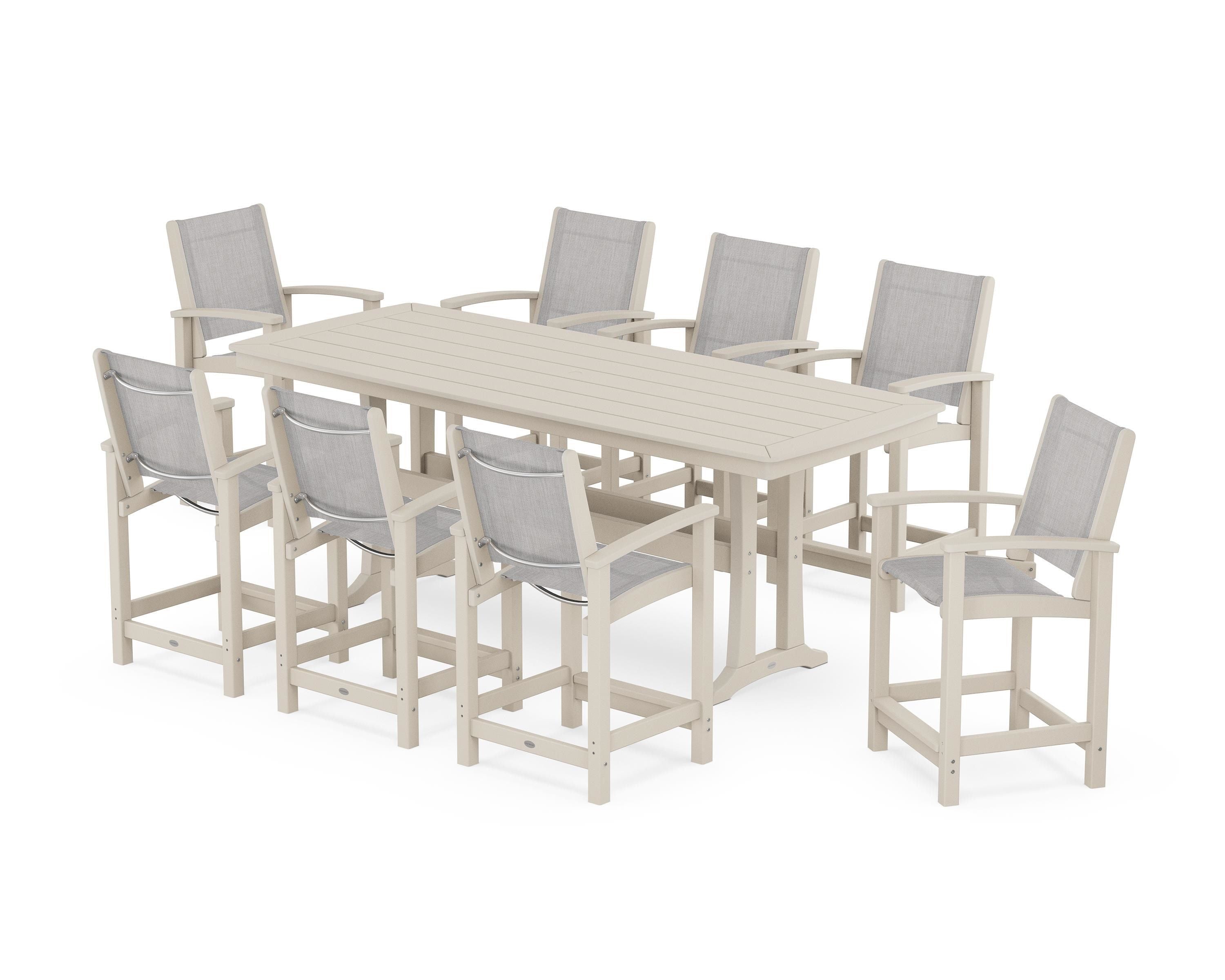 POLYWOOD Coastal 9-Piece Counter Set with Trestle Legs in Sand / Parchment Sling