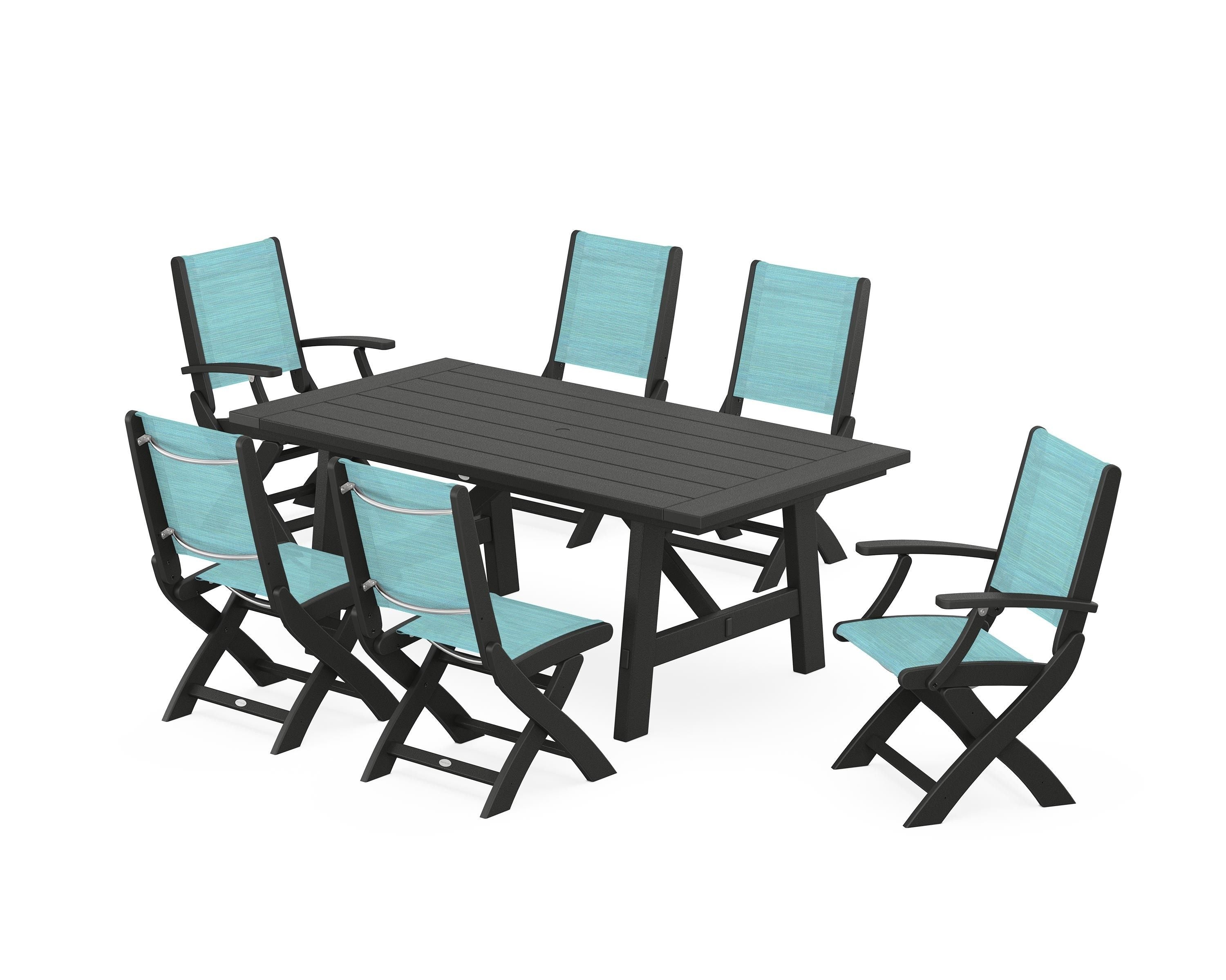 POLYWOOD Coastal Folding Chair 7-Piece Rustic Farmhouse Dining Set in Black / Dupioni Aquamarine Sling