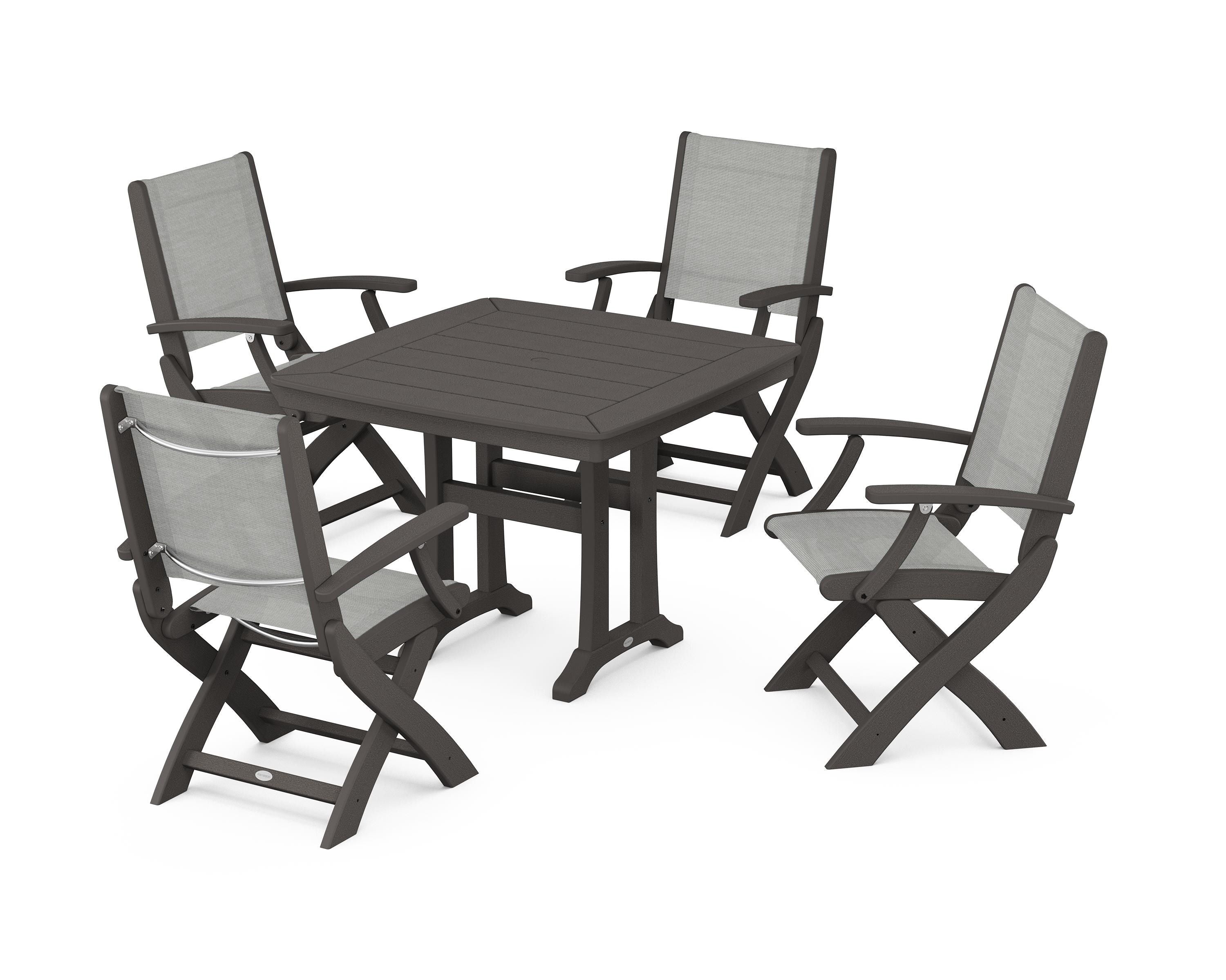 POLYWOOD Coastal Folding Chair 5-Piece Dining Set with Trestle Legs in Vintage Coffee / Metallic Sling
