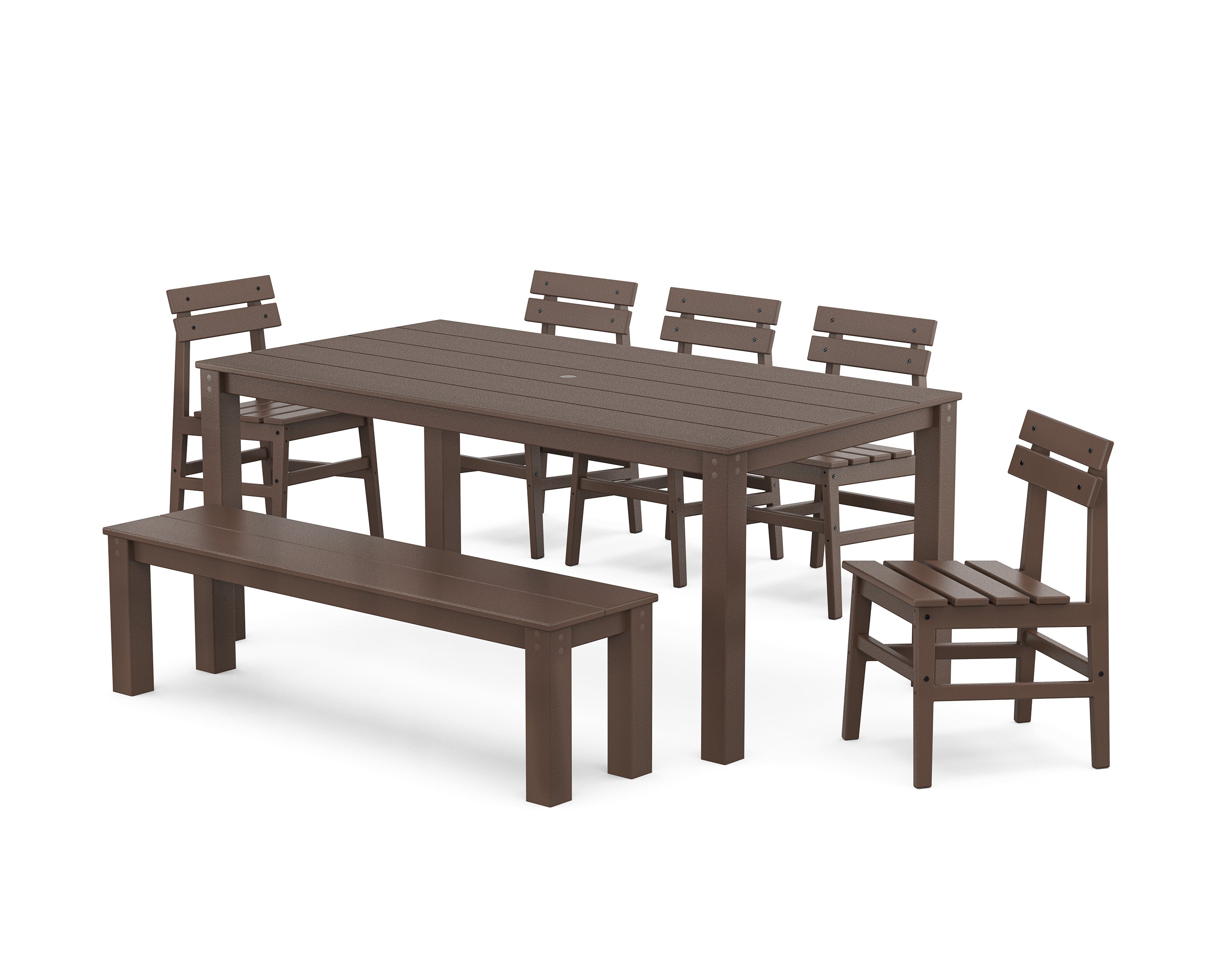 POLYWOOD Modern Studio Plaza Chair 7-Piece Parsons Dining Set with Bench in Mahogany