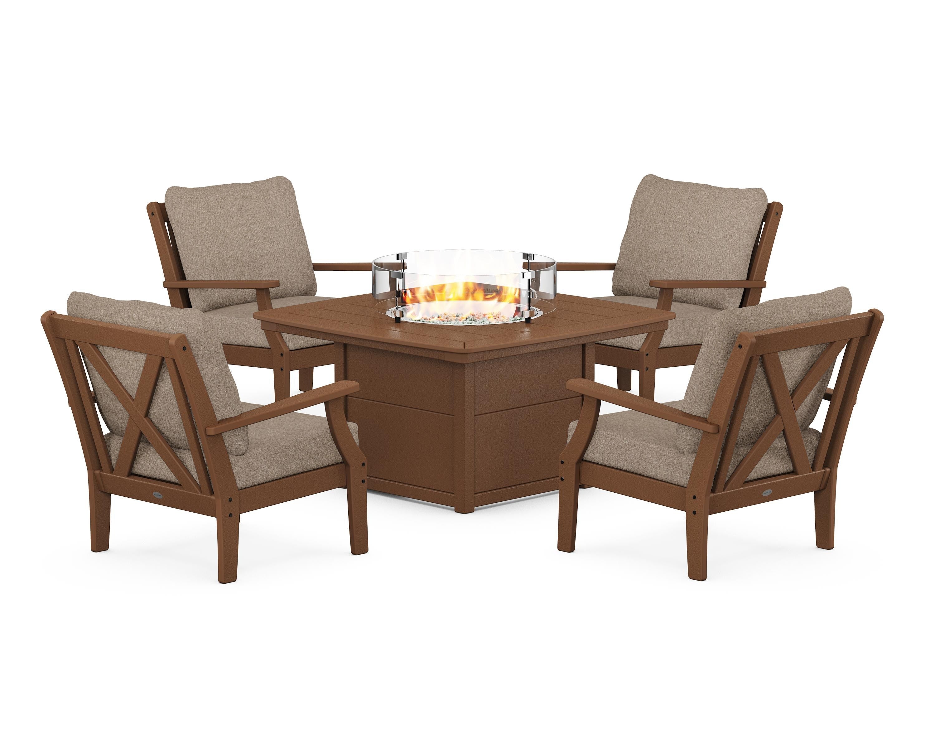POLYWOOD Braxton 5-Piece Deep Seating Conversation Set with Fire Pit Table in Teak / Spiced Burlap