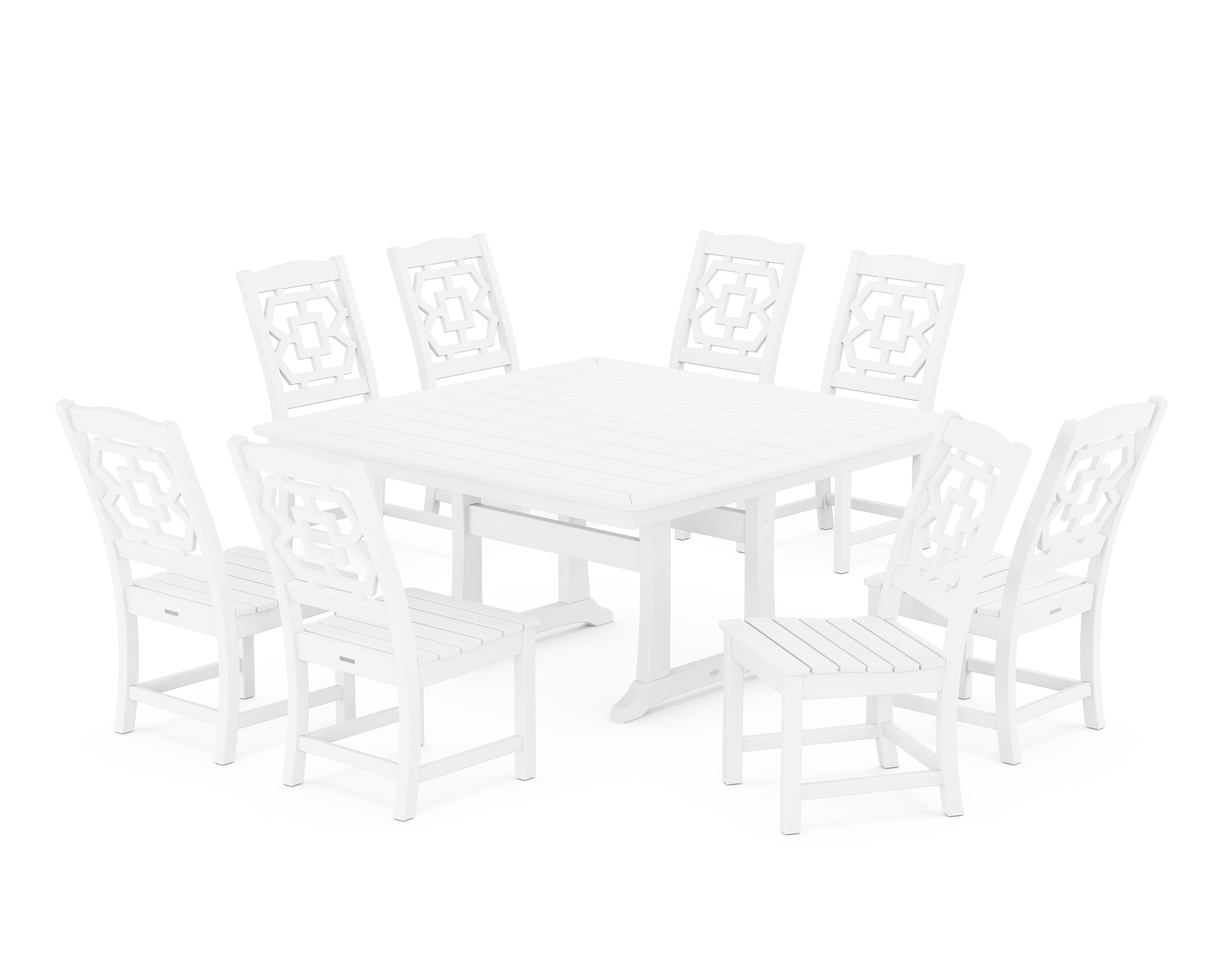 Martha Stewart by POLYWOOD Chinoiserie 9-Piece Square Side Chair Dining Set with Trestle Legs in White
