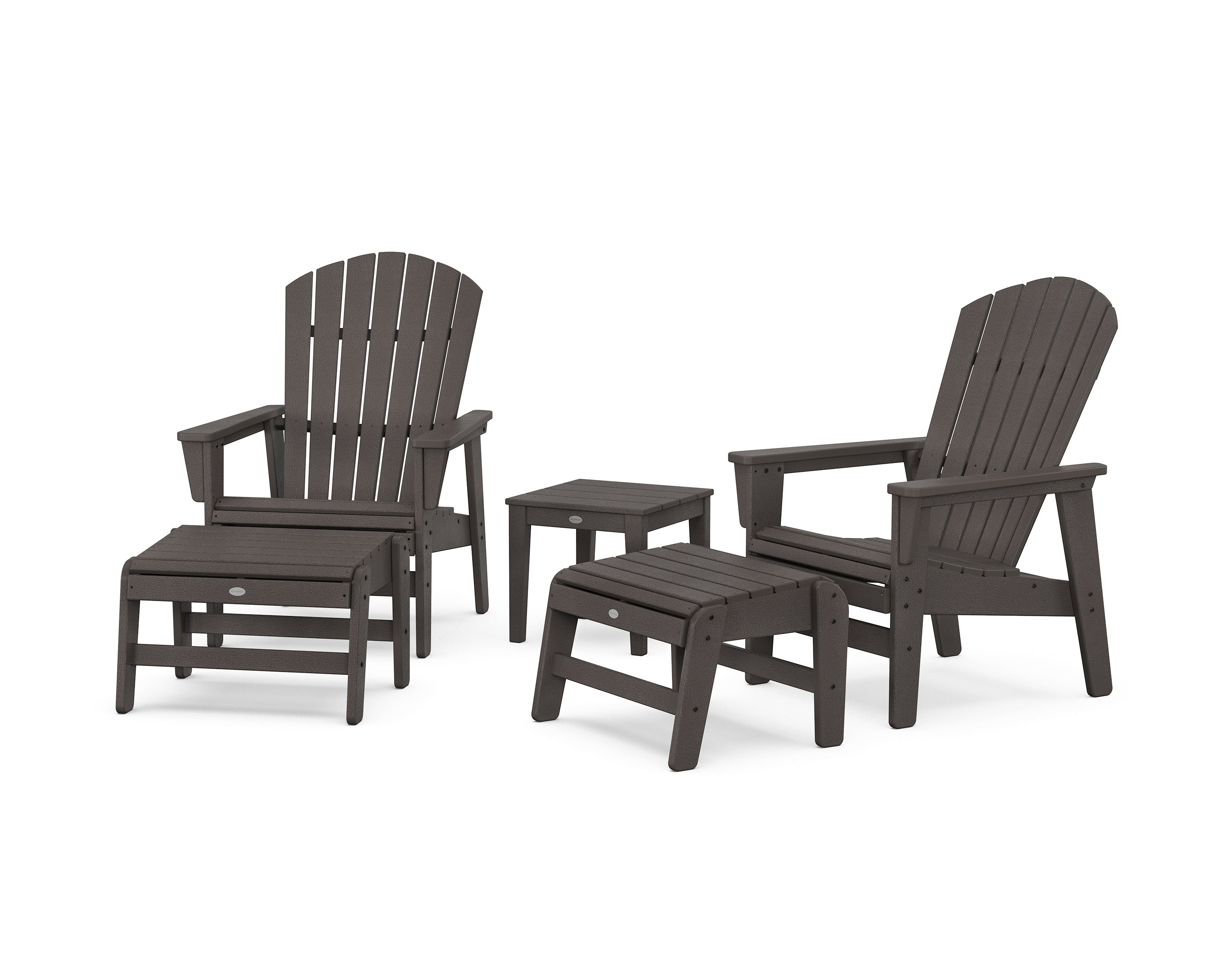 POLYWOOD 5-Piece Nautical Grand Upright Adirondack Set with Ottomans and Side Table in Vintage Coffee