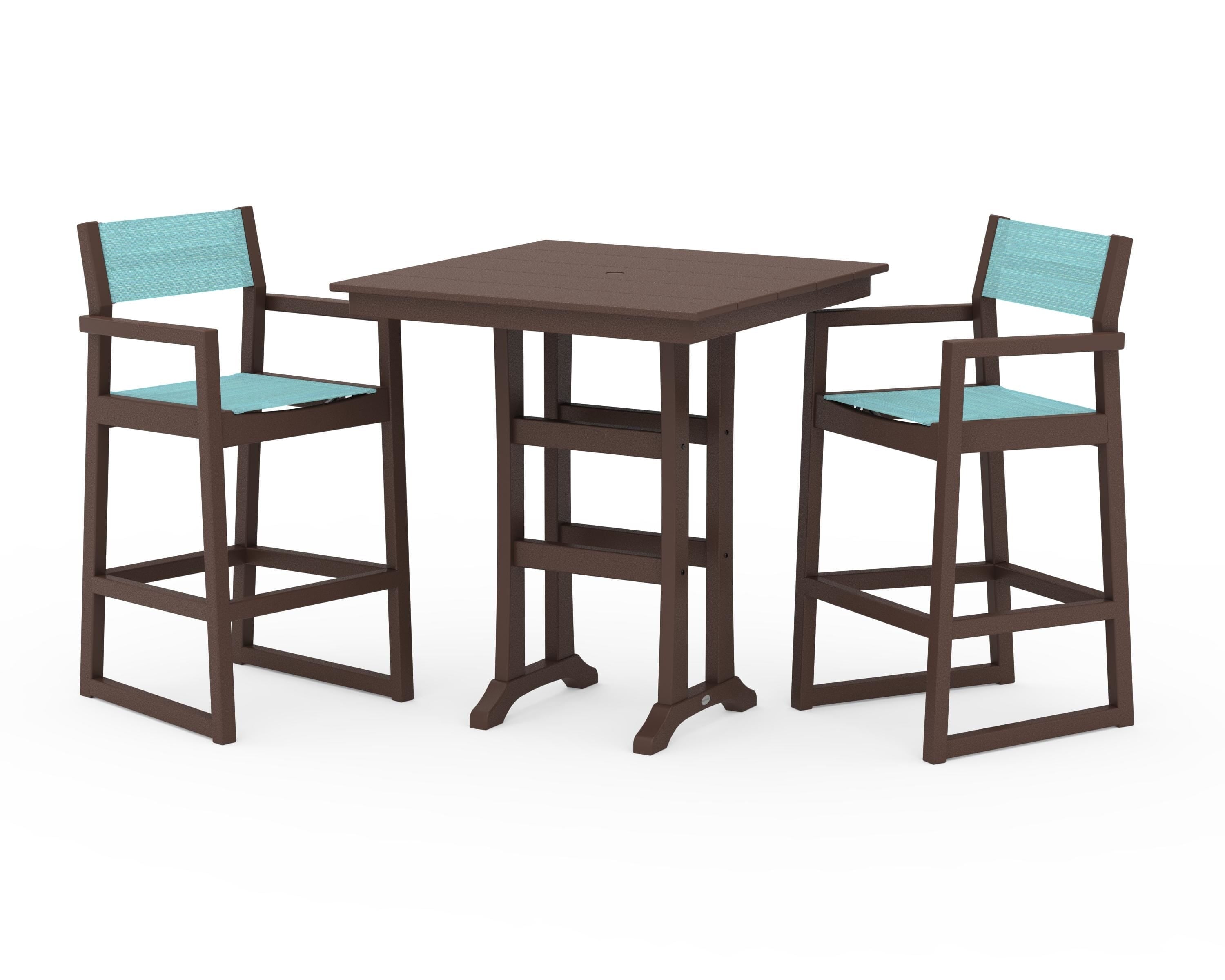 POLYWOOD EDGE Sling Arm Chair 3-Piece Farmhouse Bar Set with Trestle Legs in Mahogany / Dupioni Aquamarine Sling