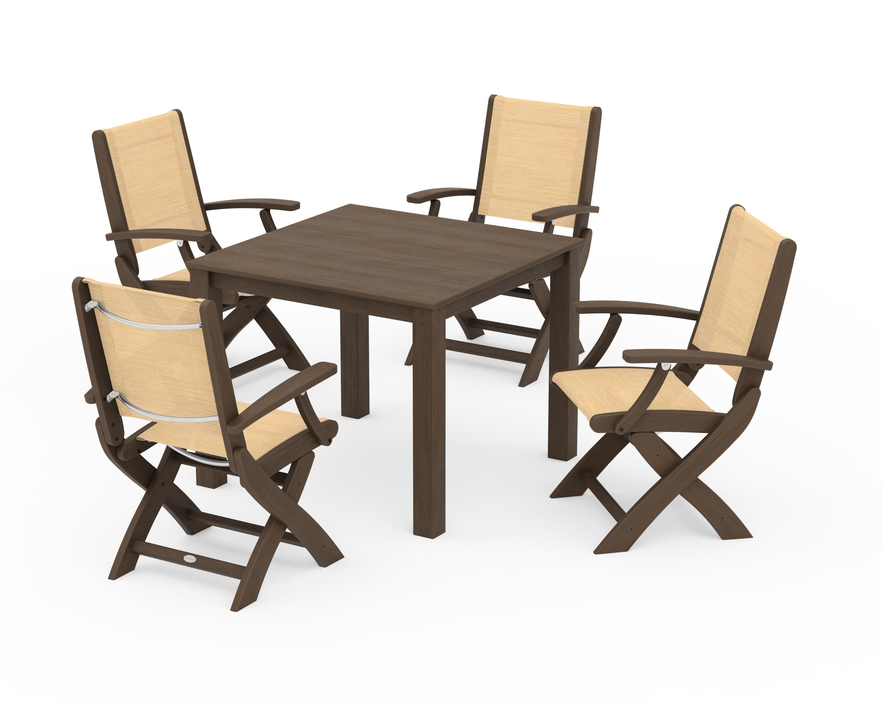 POLYWOOD Coastal Folding Chair 5-Piece Parsons Dining Set in Kona / Dupioni Apricot Sling