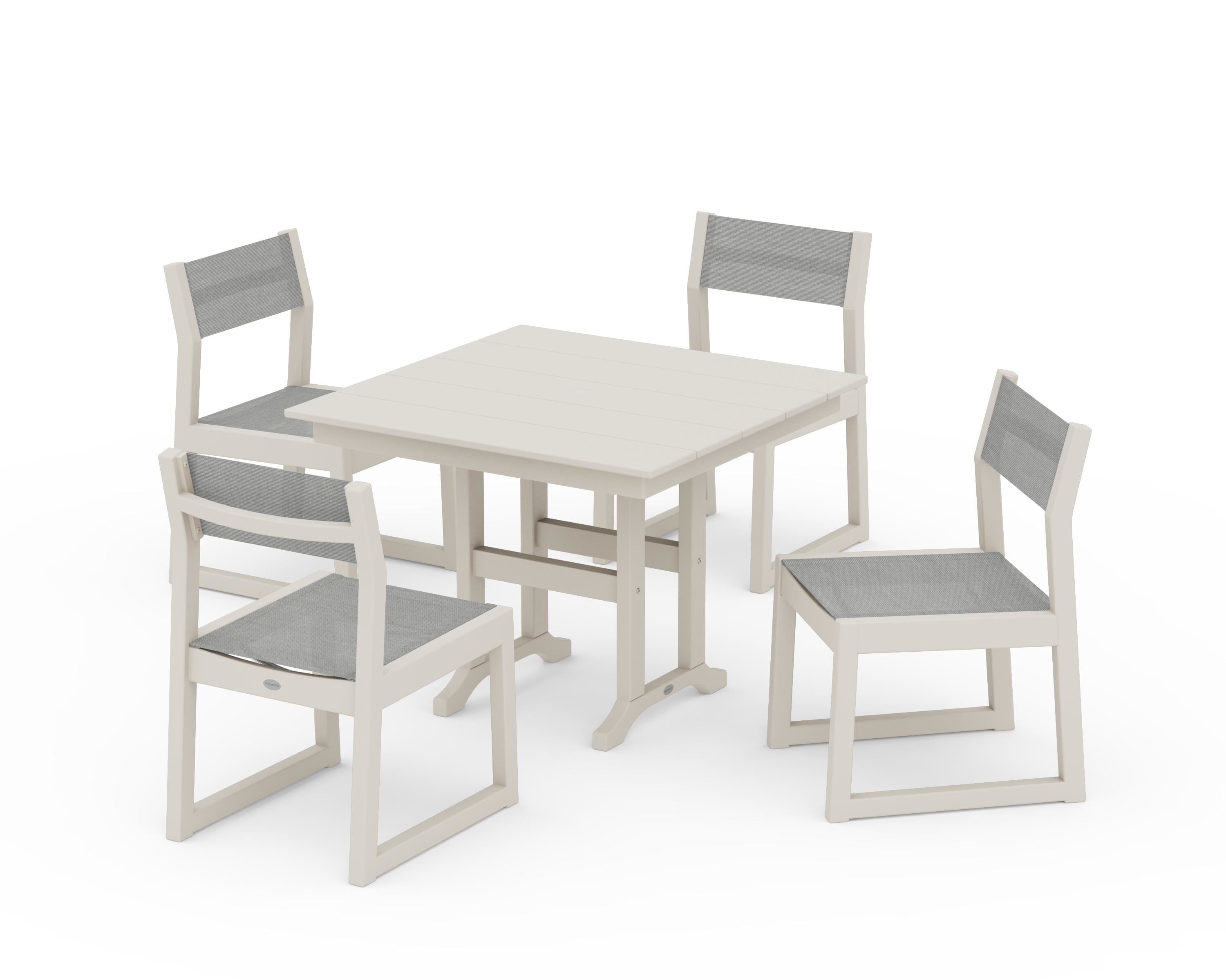 POLYWOOD EDGE Sling Side Chair 5-Piece Farmhouse Dining Set in Sand / Metallic Sling