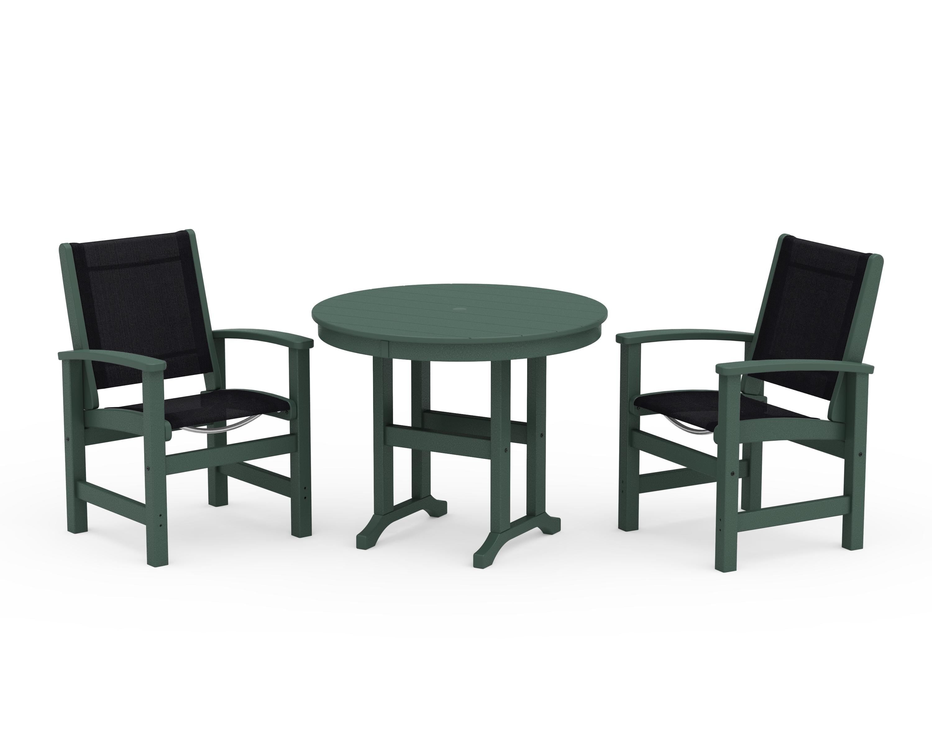 POLYWOOD Coastal 3-Piece Round Dining Set in Green / Black Sling