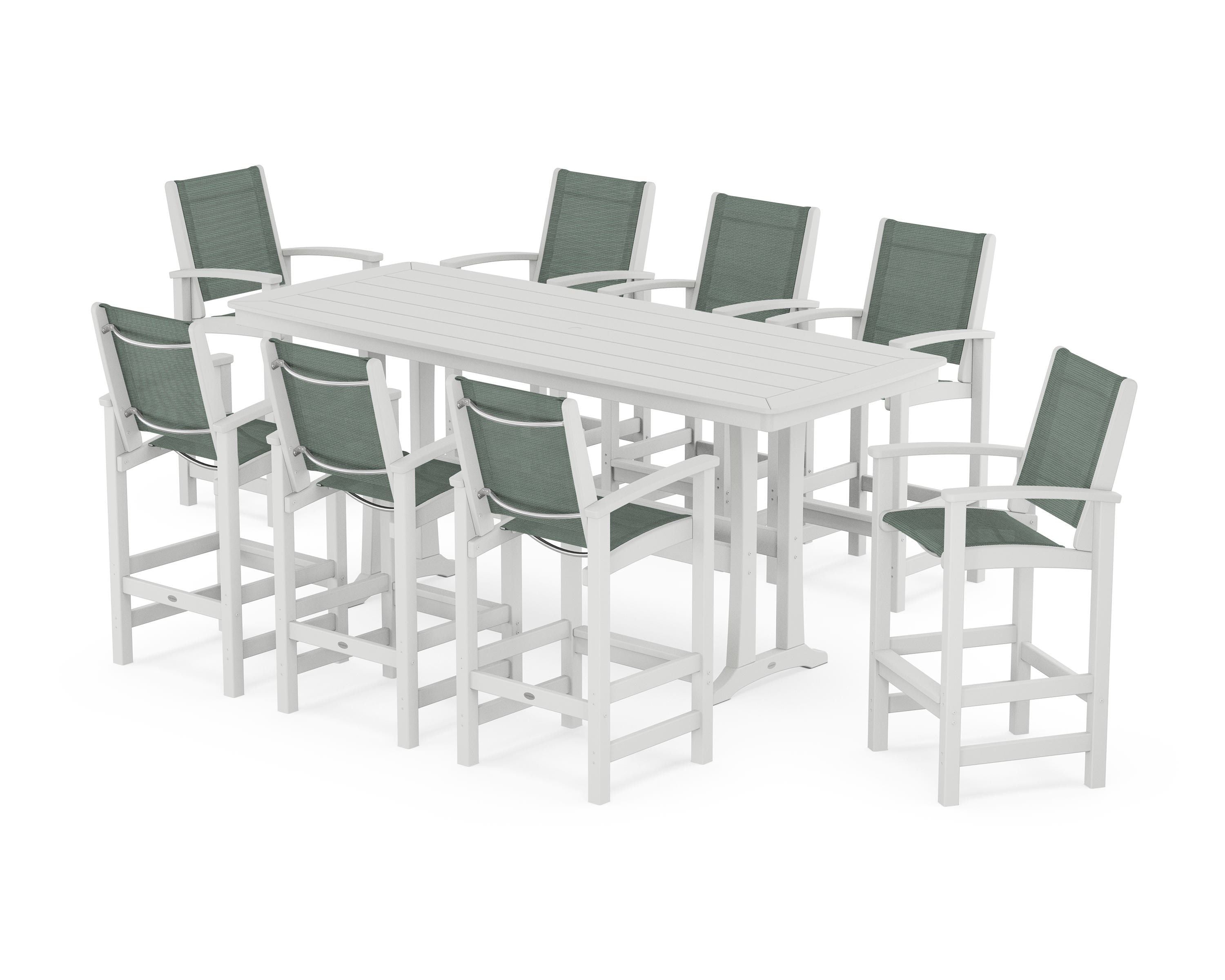 POLYWOOD Coastal 9-Piece Bar Set with Trestle Legs in White / Dupioni Sea Mist Sling