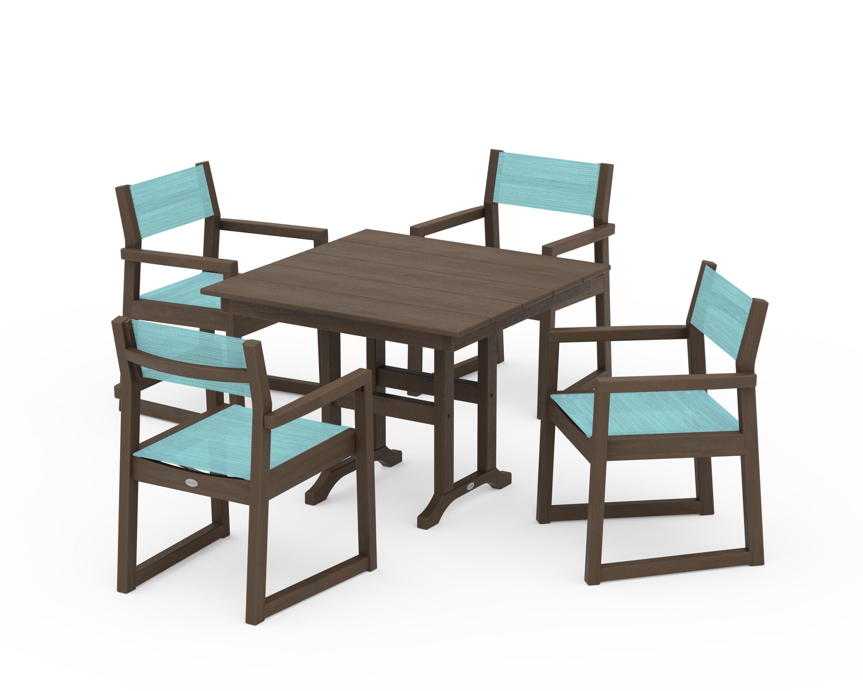POLYWOOD EDGE Sling Arm Chair 5-Piece Farmhouse Dining Set in Kona / Dupioni Aquamarine Sling