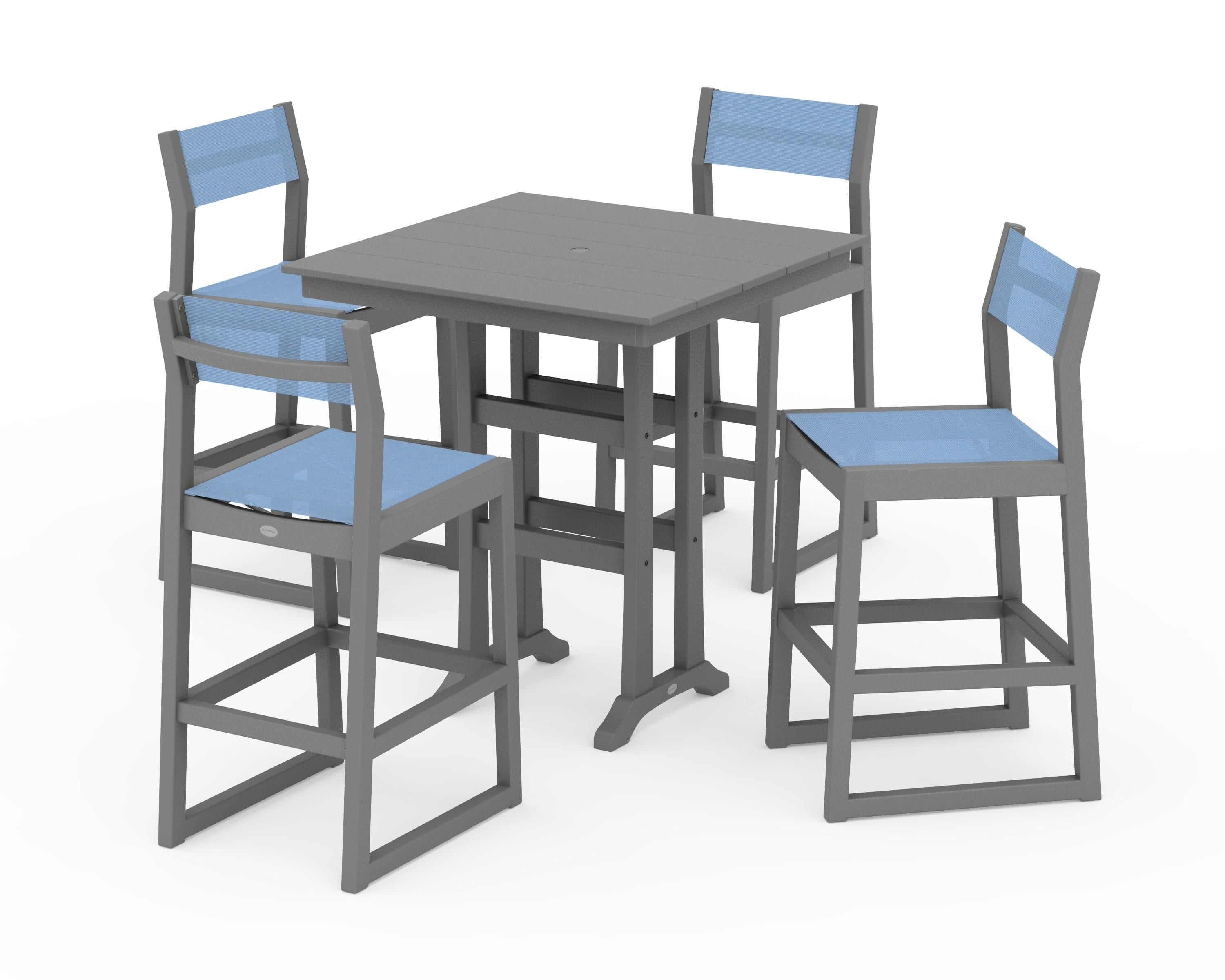POLYWOOD EDGE Sling Arm Chair 5-Piece Farmhouse Bar Set with Trestle Legs in Slate Grey / Poolside Sling